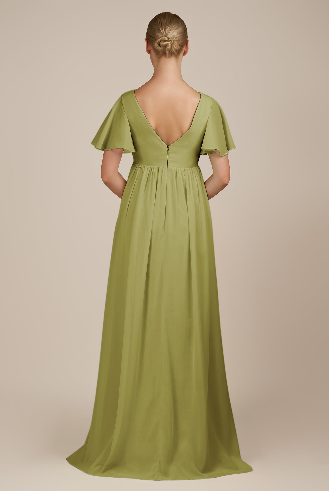 KissDress-Junia Moss Green A Line V Neck Chiffon Cap Sleeves Long Bridesmaid Dress with Slit
