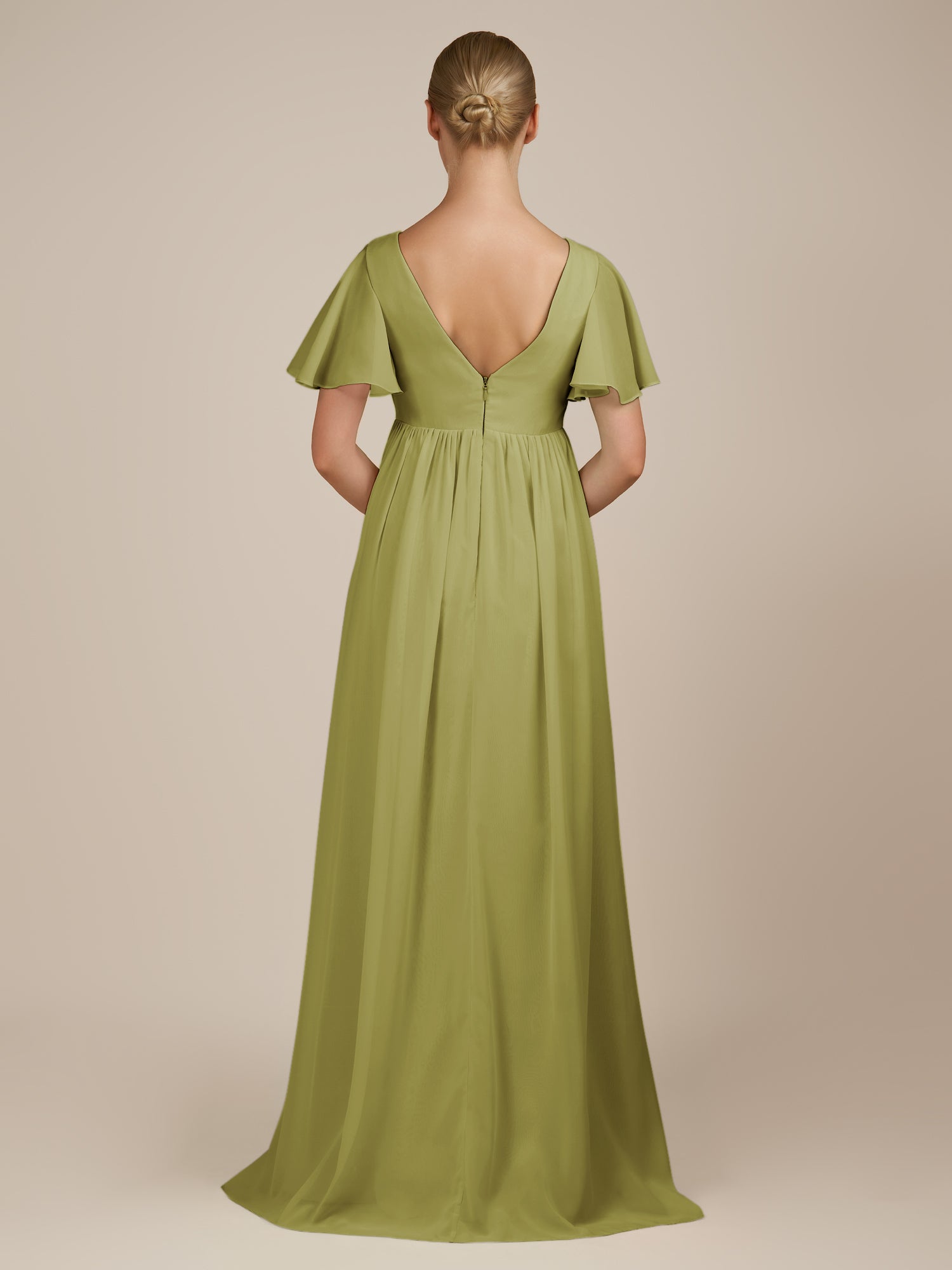 KissDress-Junia Moss Green A Line V Neck Chiffon Cap Sleeves Long Bridesmaid Dress with Slit