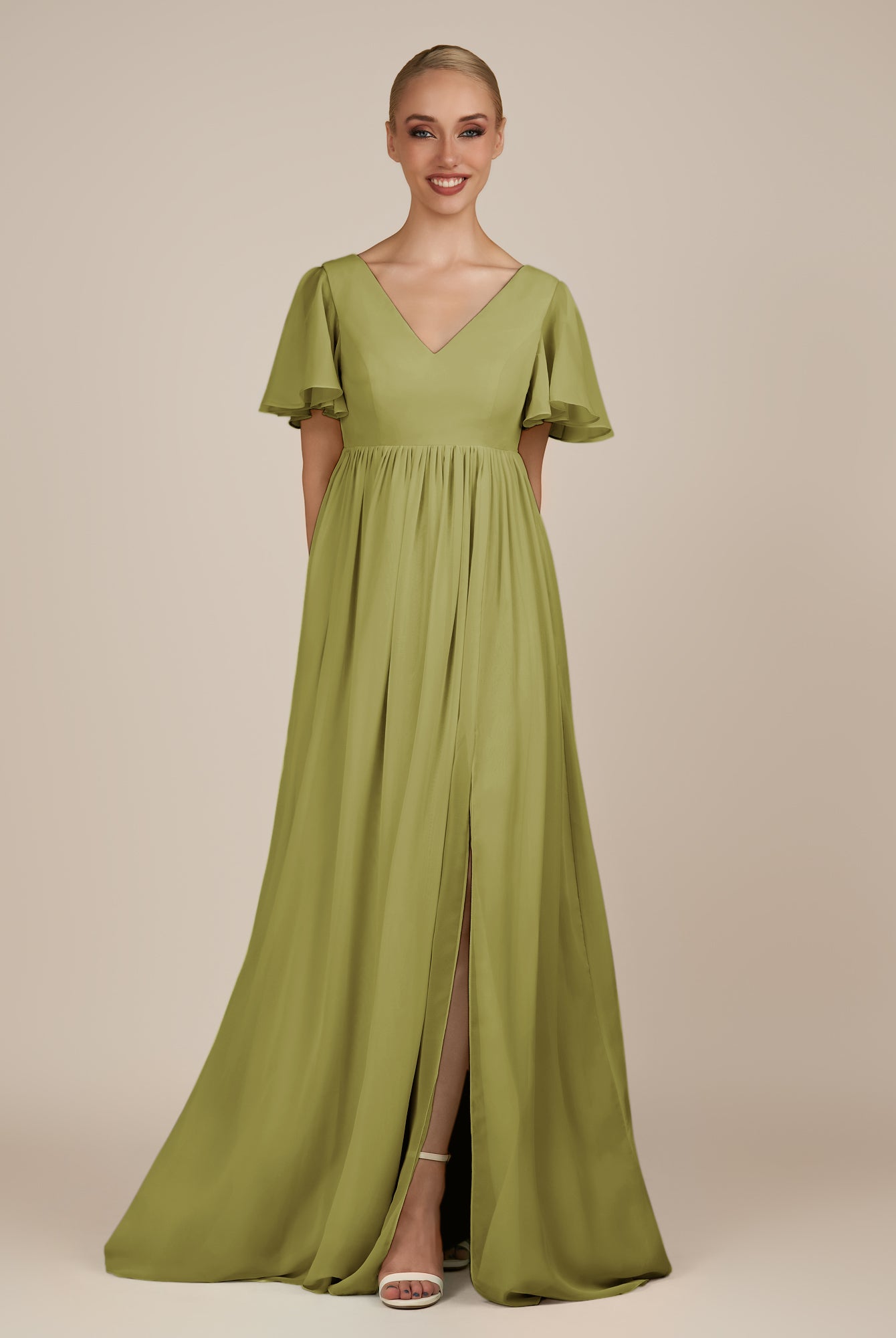 KissDress-Junia Moss Green A Line V Neck Chiffon Cap Sleeves Long Bridesmaid Dress with Slit