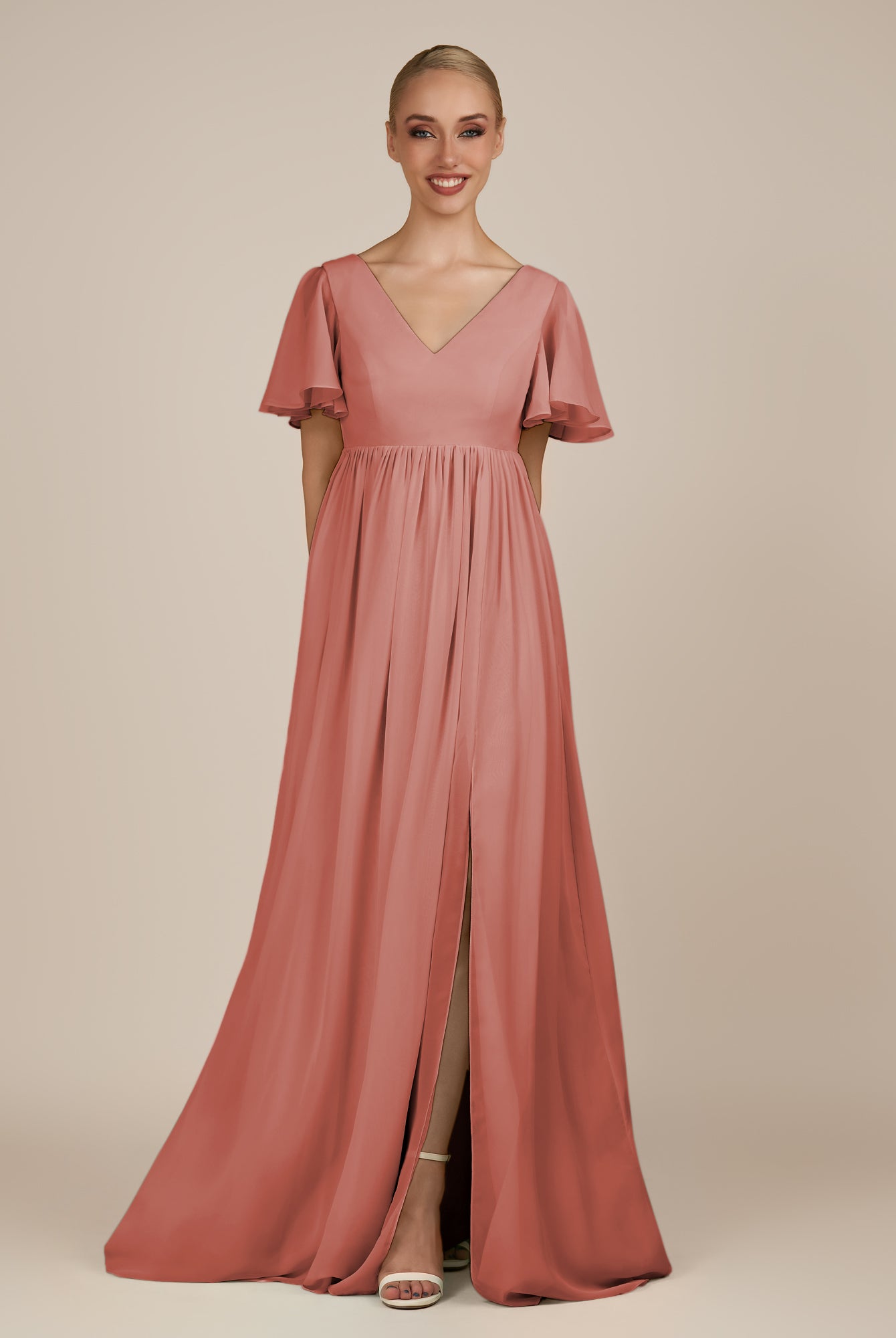 KissDress-Junia Mulberry A Line V Neck Chiffon Cap Sleeves Long Bridesmaid Dress with Slit