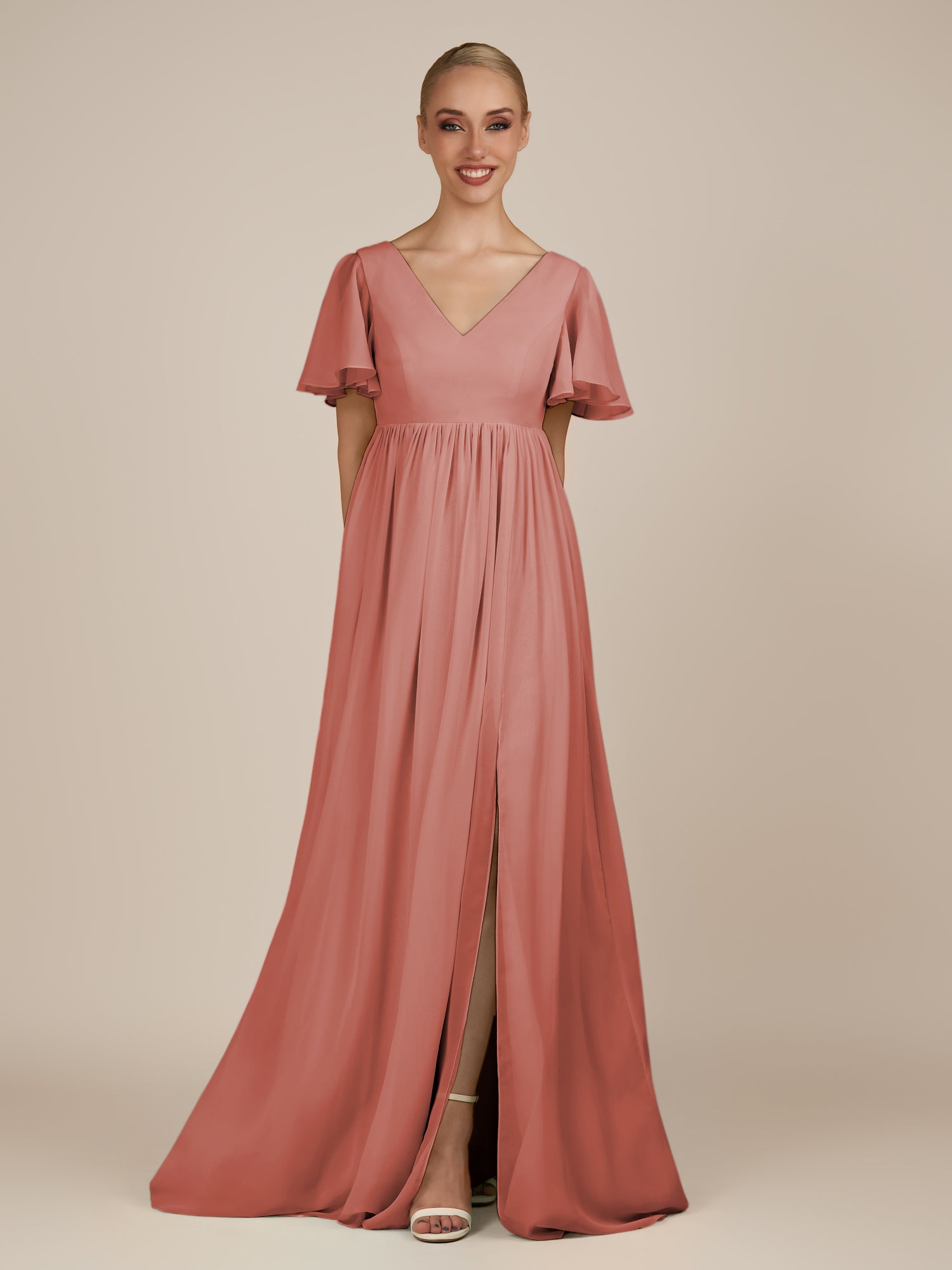 KissDress-Junia Mulberry A Line V Neck Chiffon Cap Sleeves Long Bridesmaid Dress with Slit