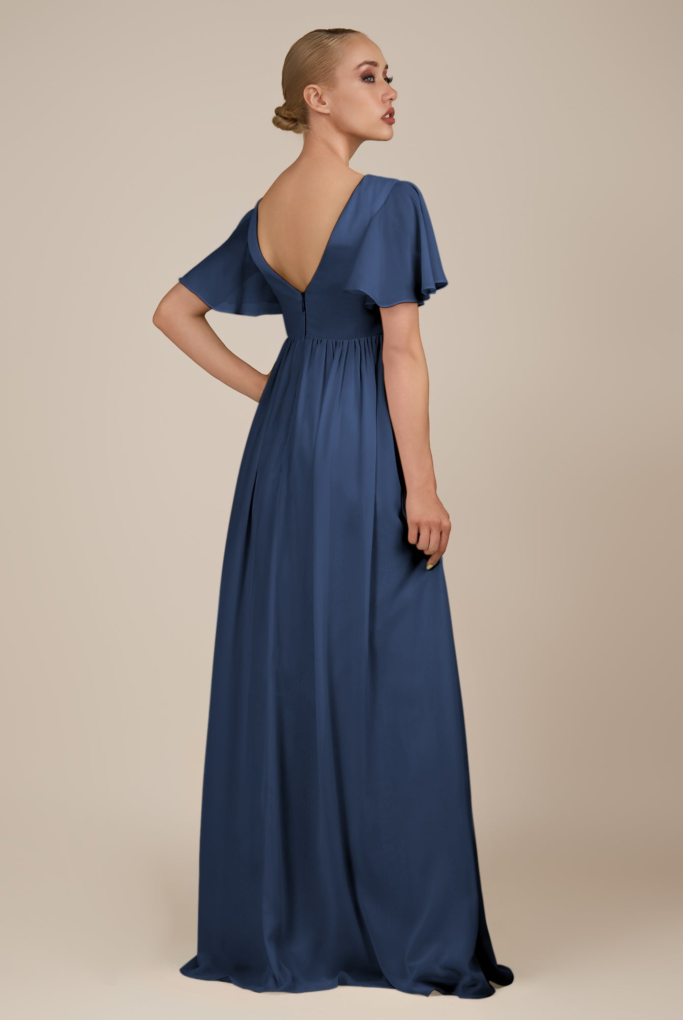 KissDress-Junia Navy A Line V Neck Chiffon Cap Sleeves Long Bridesmaid Dress with Slit