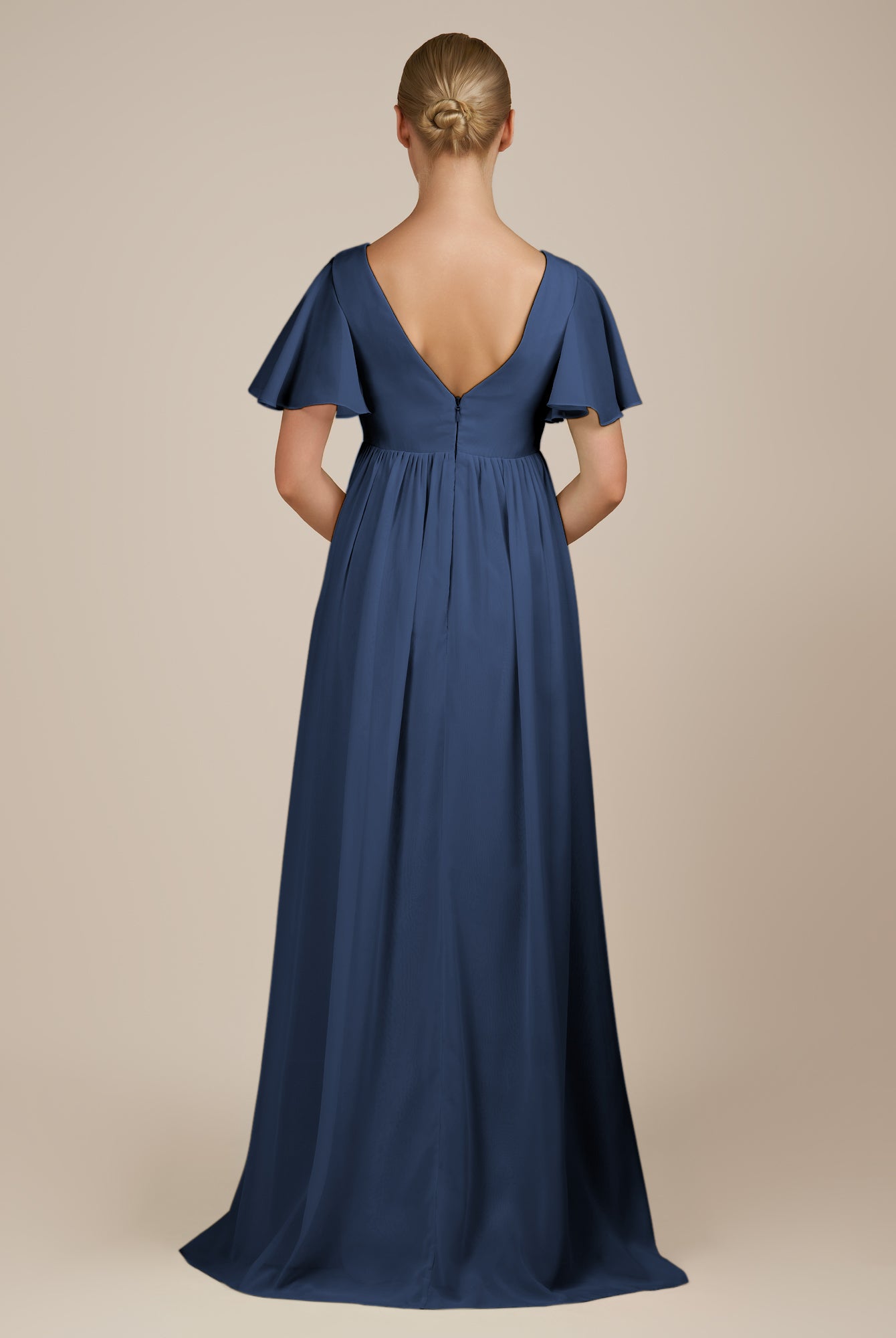 KissDress-Junia Navy A Line V Neck Chiffon Cap Sleeves Long Bridesmaid Dress with Slit