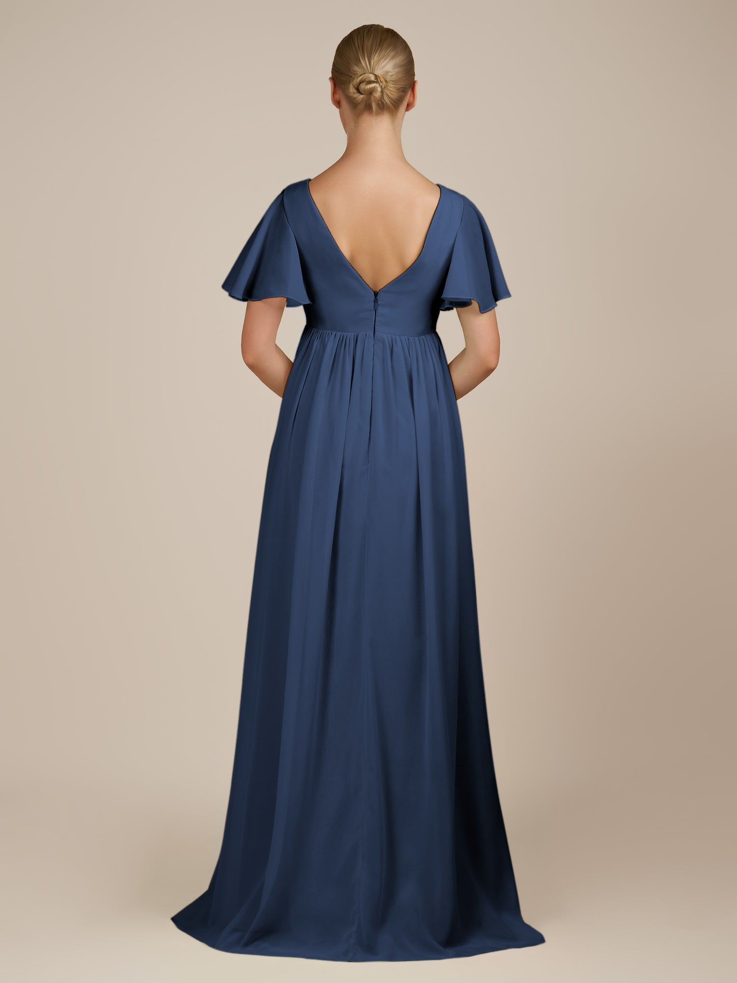 KissDress-Junia Navy A Line V Neck Chiffon Cap Sleeves Long Bridesmaid Dress with Slit