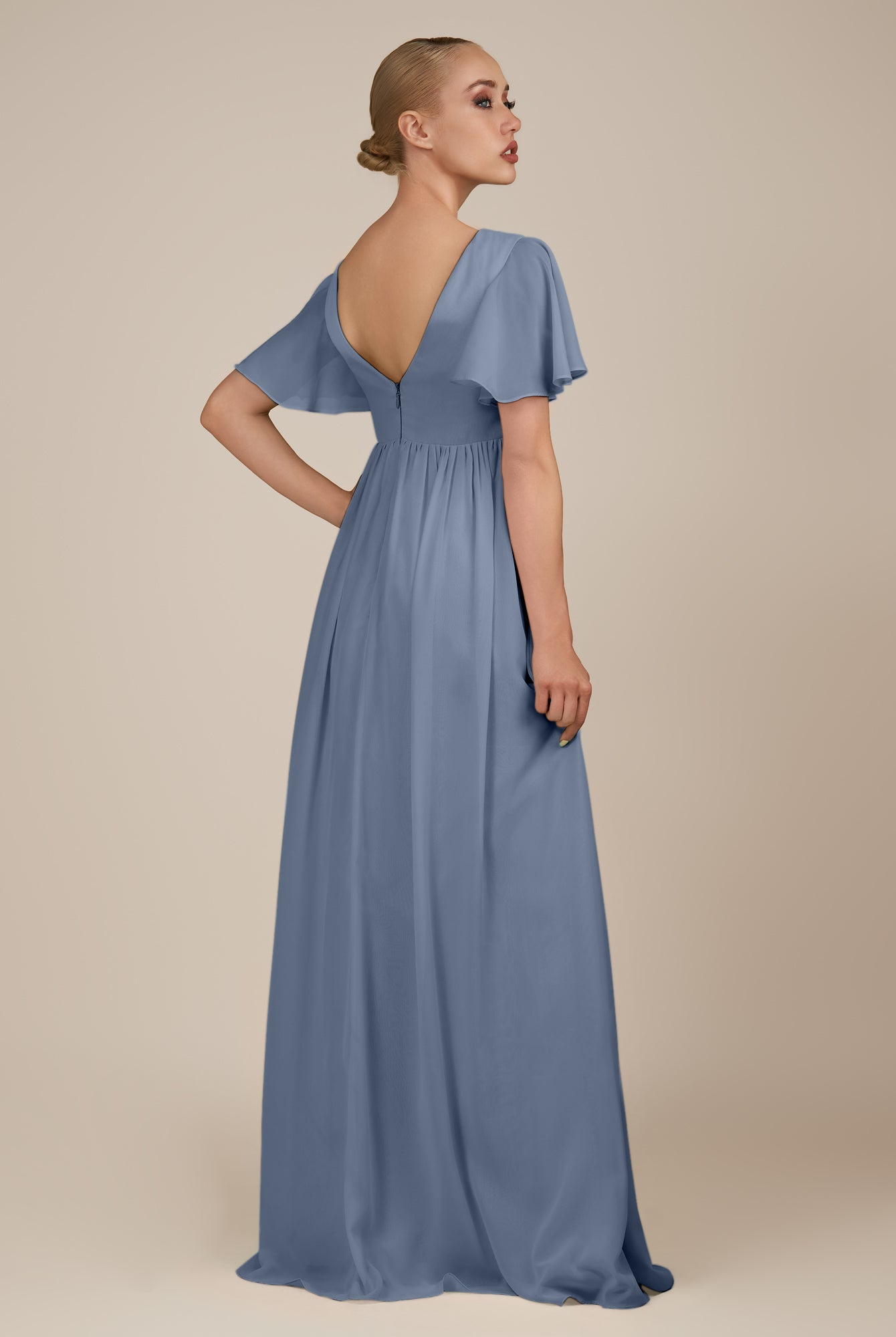 KissDress-Junia Neptune A Line V Neck Chiffon Cap Sleeves Long Bridesmaid Dress with Slit