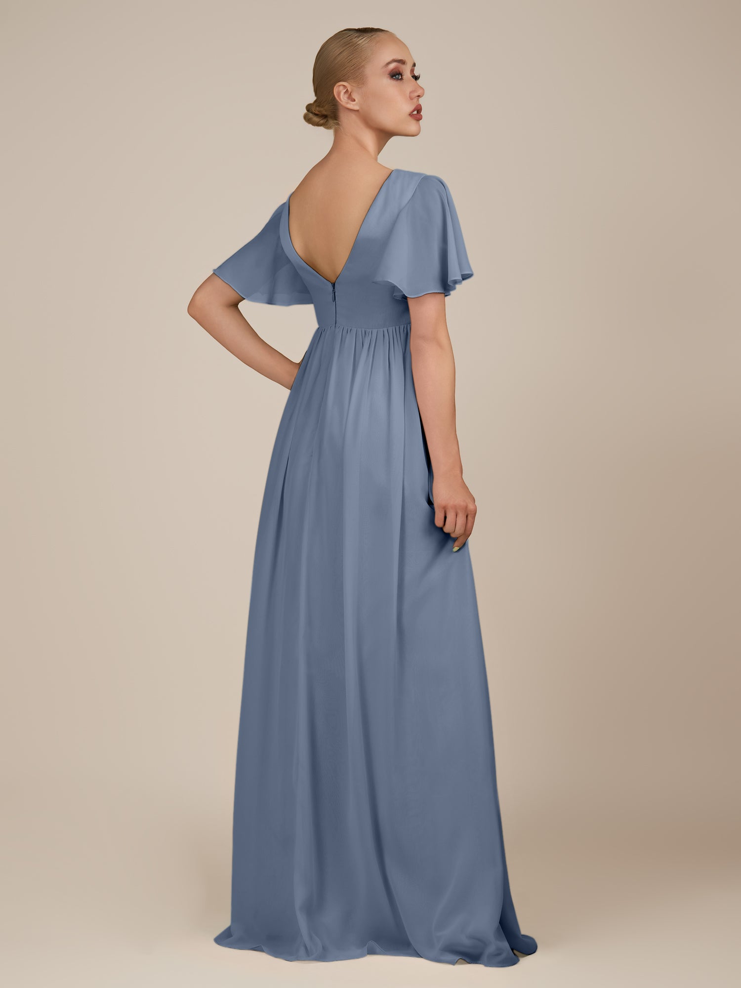 KissDress-Junia Neptune A Line V Neck Chiffon Cap Sleeves Long Bridesmaid Dress with Slit