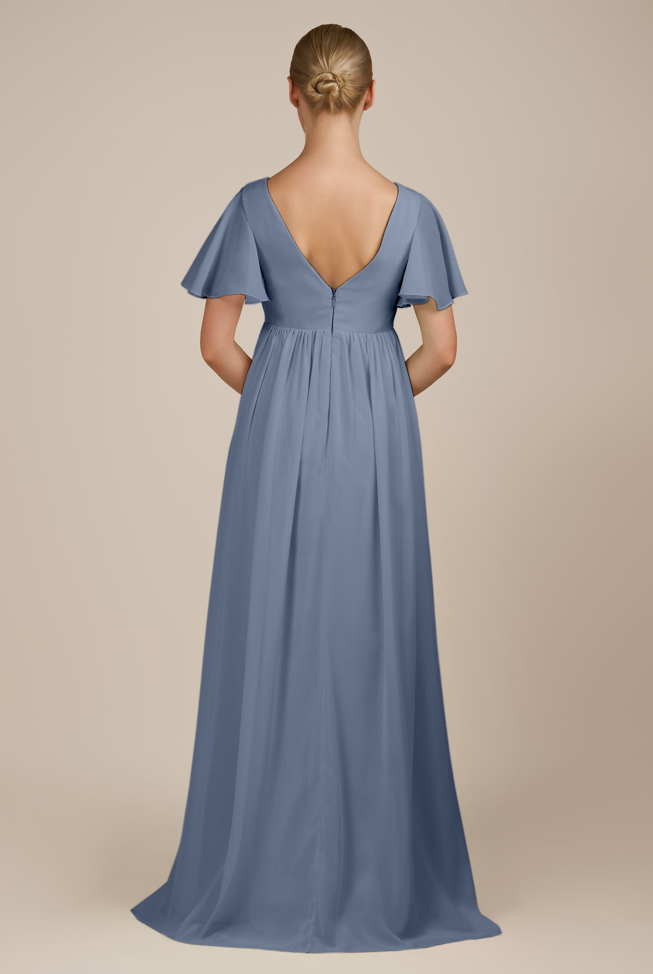 KissDress-Junia Neptune A Line V Neck Chiffon Cap Sleeves Long Bridesmaid Dress with Slit