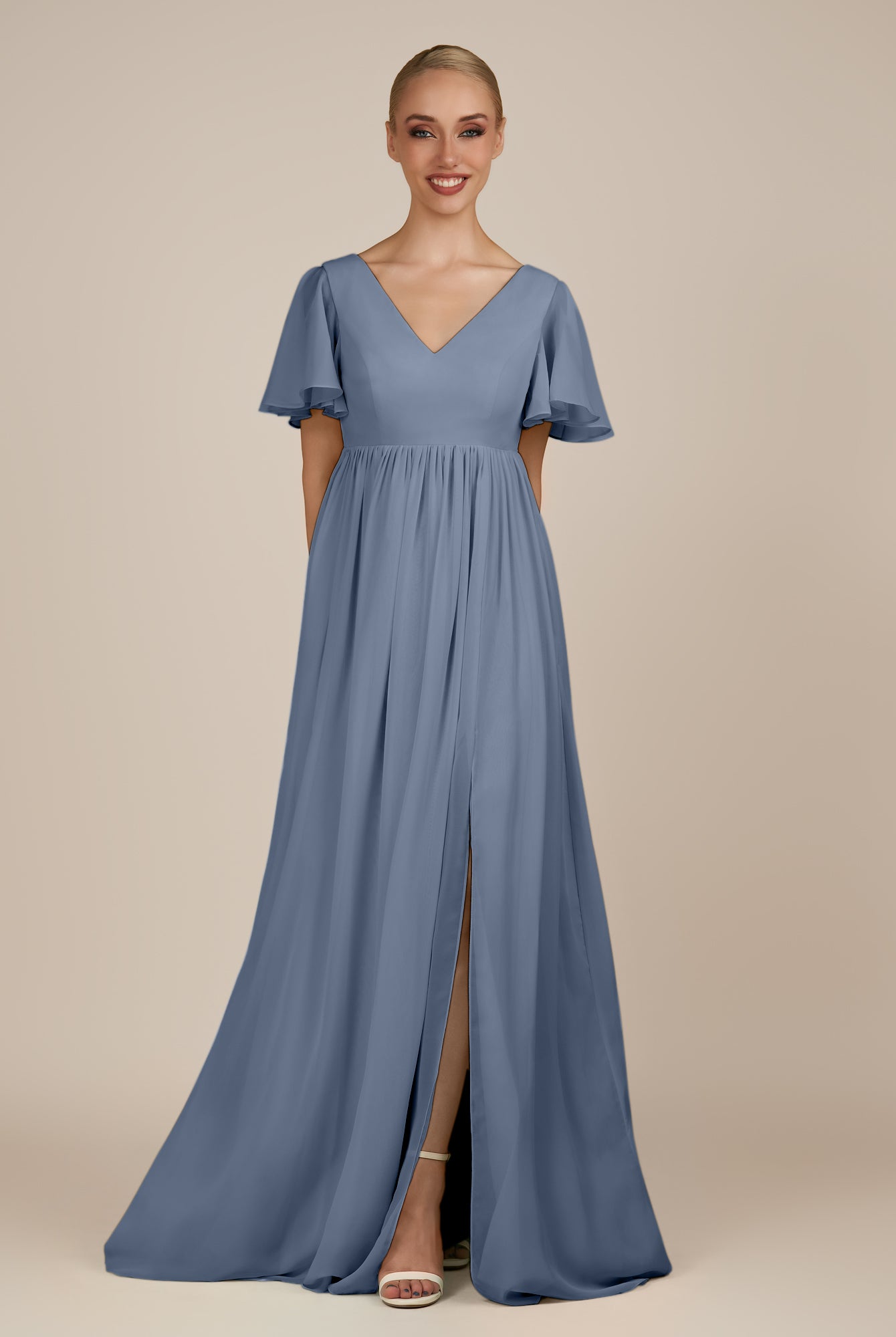 KissDress-Junia Neptune A Line V Neck Chiffon Cap Sleeves Long Bridesmaid Dress with Slit