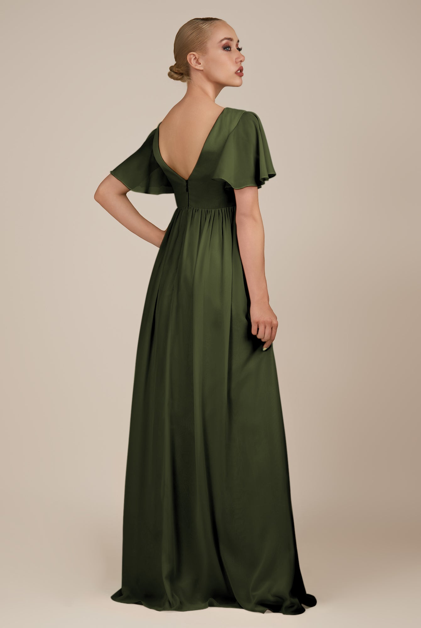 KissDress-Junia Olive A Line V Neck Chiffon Cap Sleeves Long Bridesmaid Dress with Slit