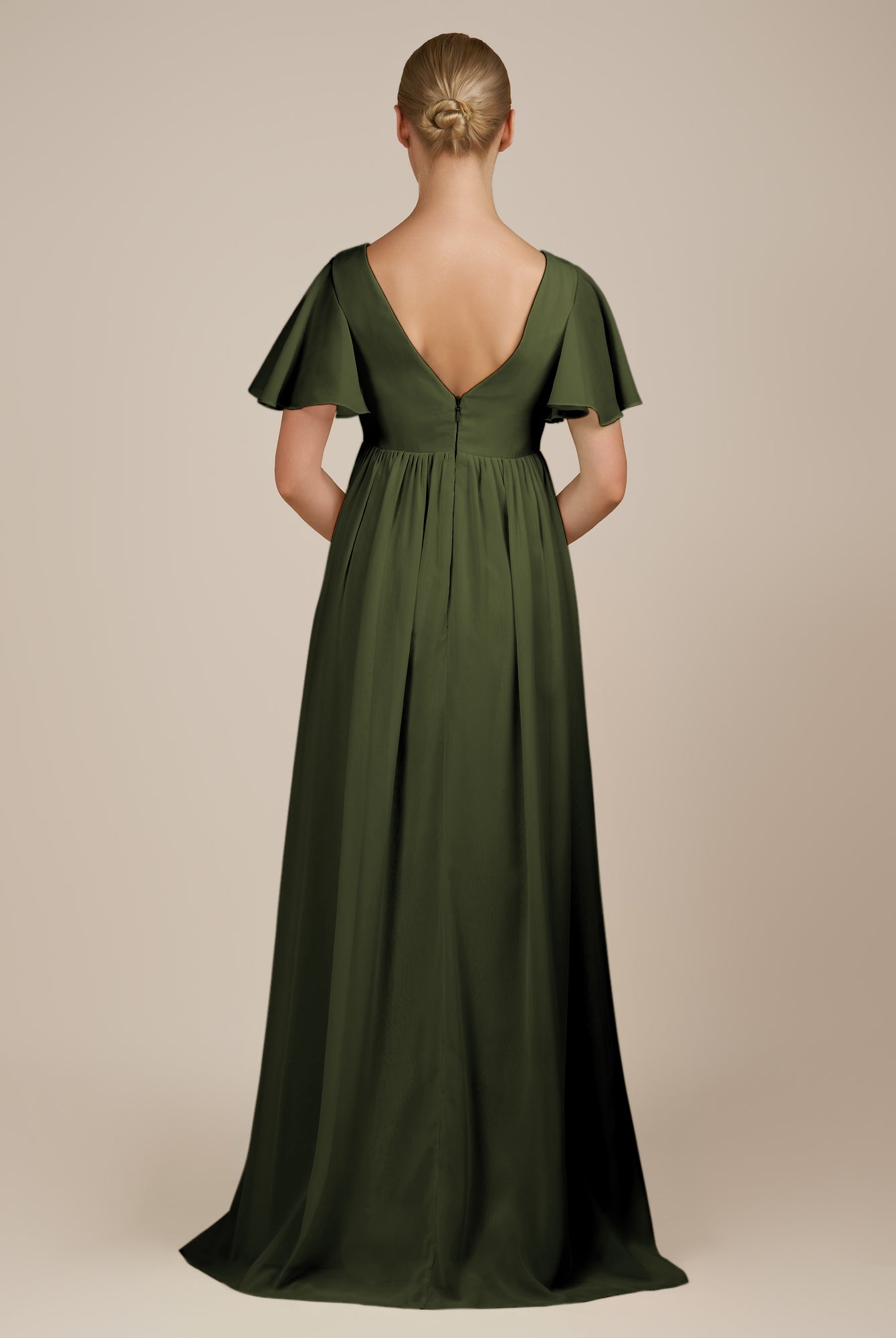 KissDress-Junia Olive A Line V Neck Chiffon Cap Sleeves Long Bridesmaid Dress with Slit