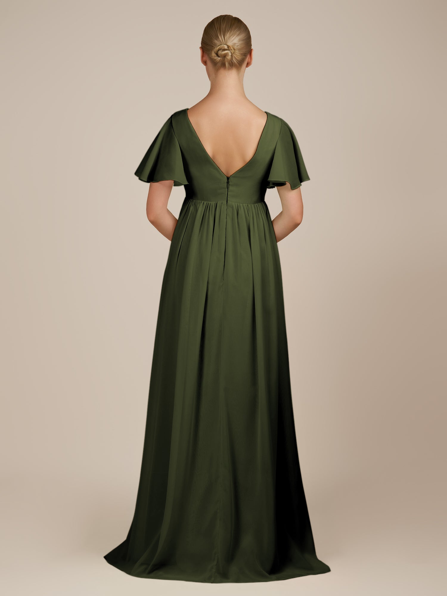 KissDress-Junia Olive A Line V Neck Chiffon Cap Sleeves Long Bridesmaid Dress with Slit