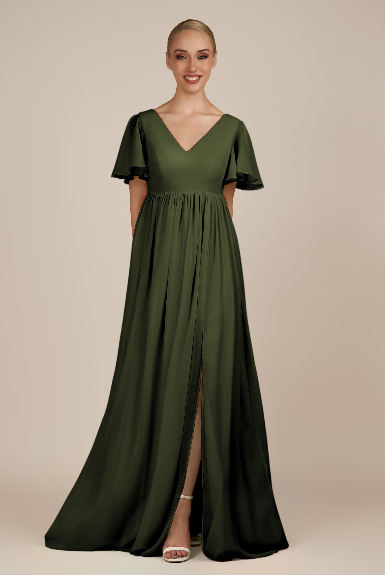 KissDress-Junia Olive A Line V Neck Chiffon Cap Sleeves Long Bridesmaid Dress with Slit