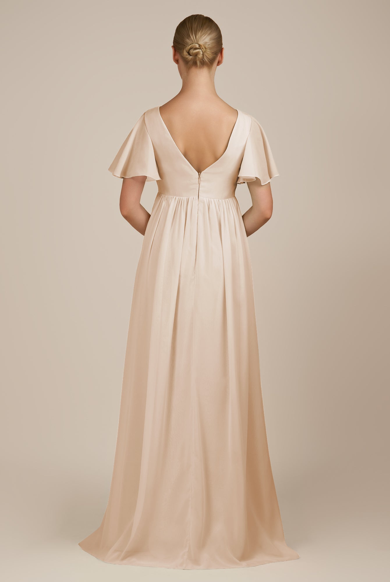 KissDress-Junia Pale Blush A Line V Neck Chiffon Cap Sleeves Long Bridesmaid Dress with Slit