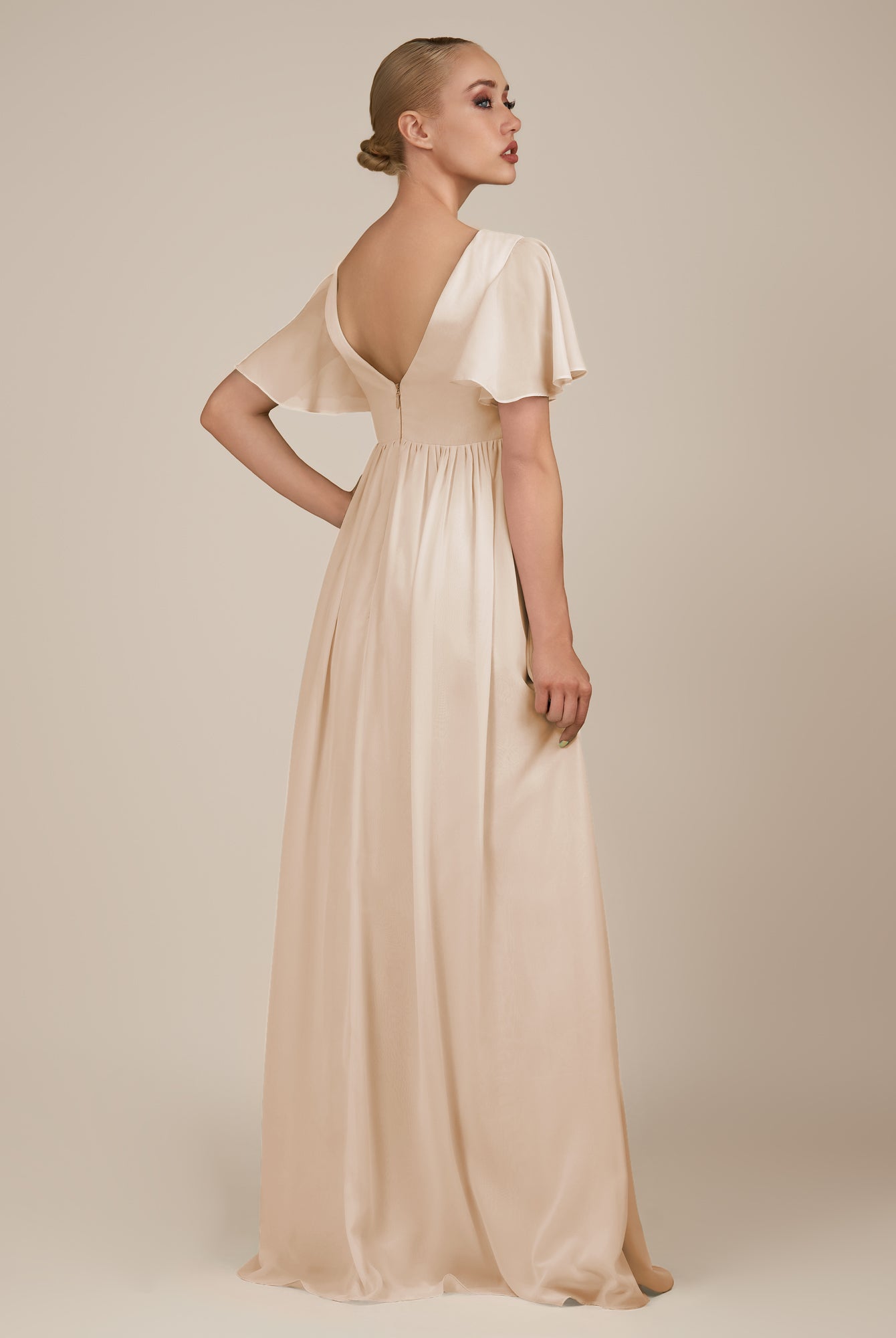 KissDress-Junia Pale Blush A Line V Neck Chiffon Cap Sleeves Long Bridesmaid Dress with Slit