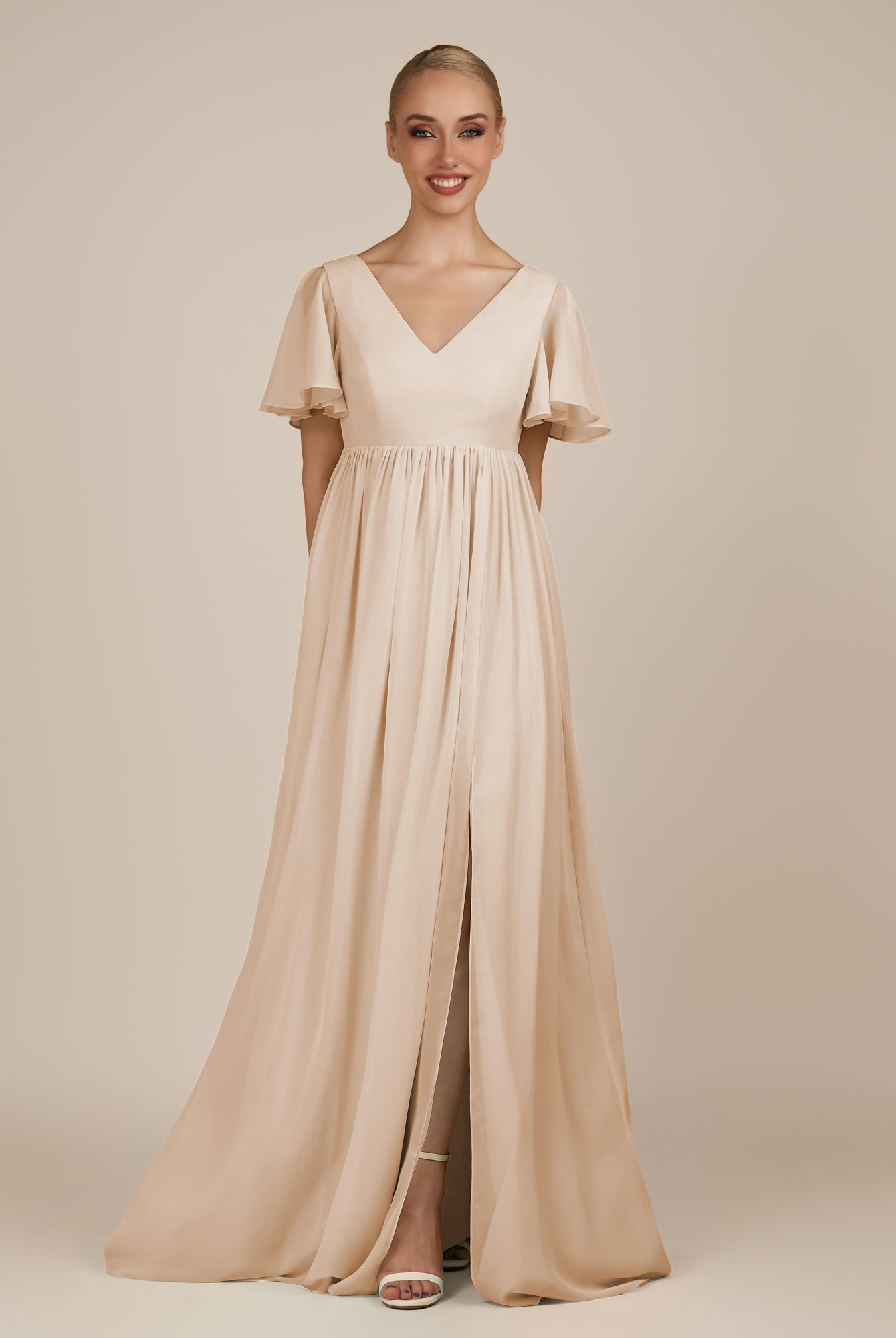 KissDress-Junia Pale Blush A Line V Neck Chiffon Cap Sleeves Long Bridesmaid Dress with Slit