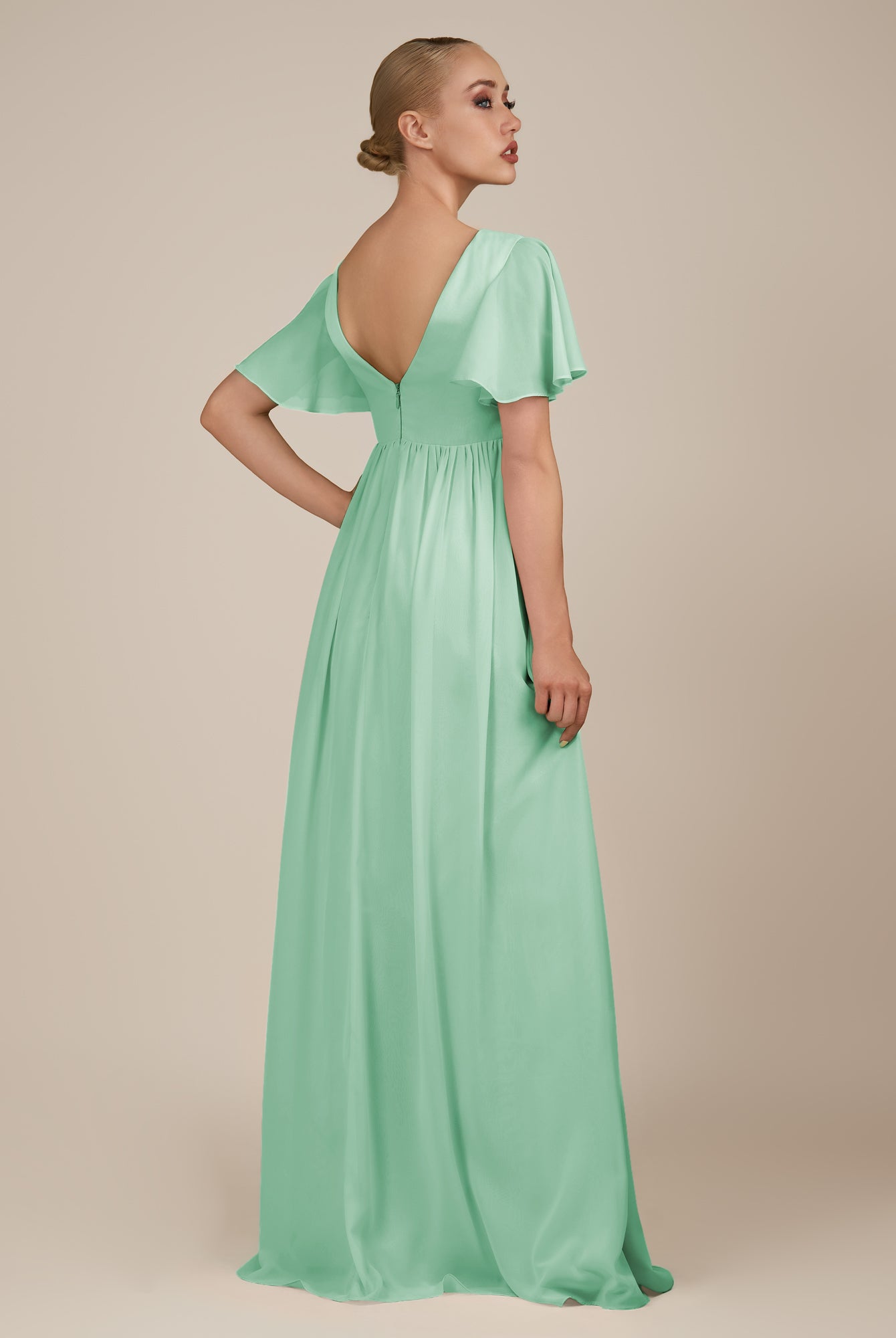 KissDress-Junia Pale Pistachio A Line V Neck Chiffon Cap Sleeves Long Bridesmaid Dress with Slit