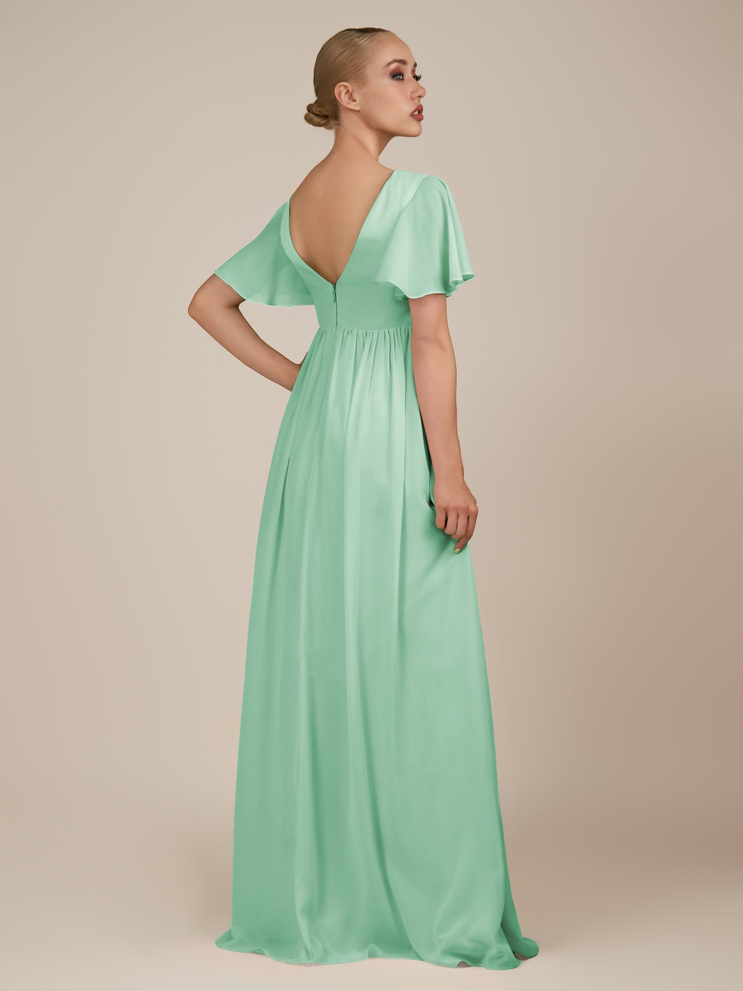KissDress-Junia Pale Pistachio A Line V Neck Chiffon Cap Sleeves Long Bridesmaid Dress with Slit