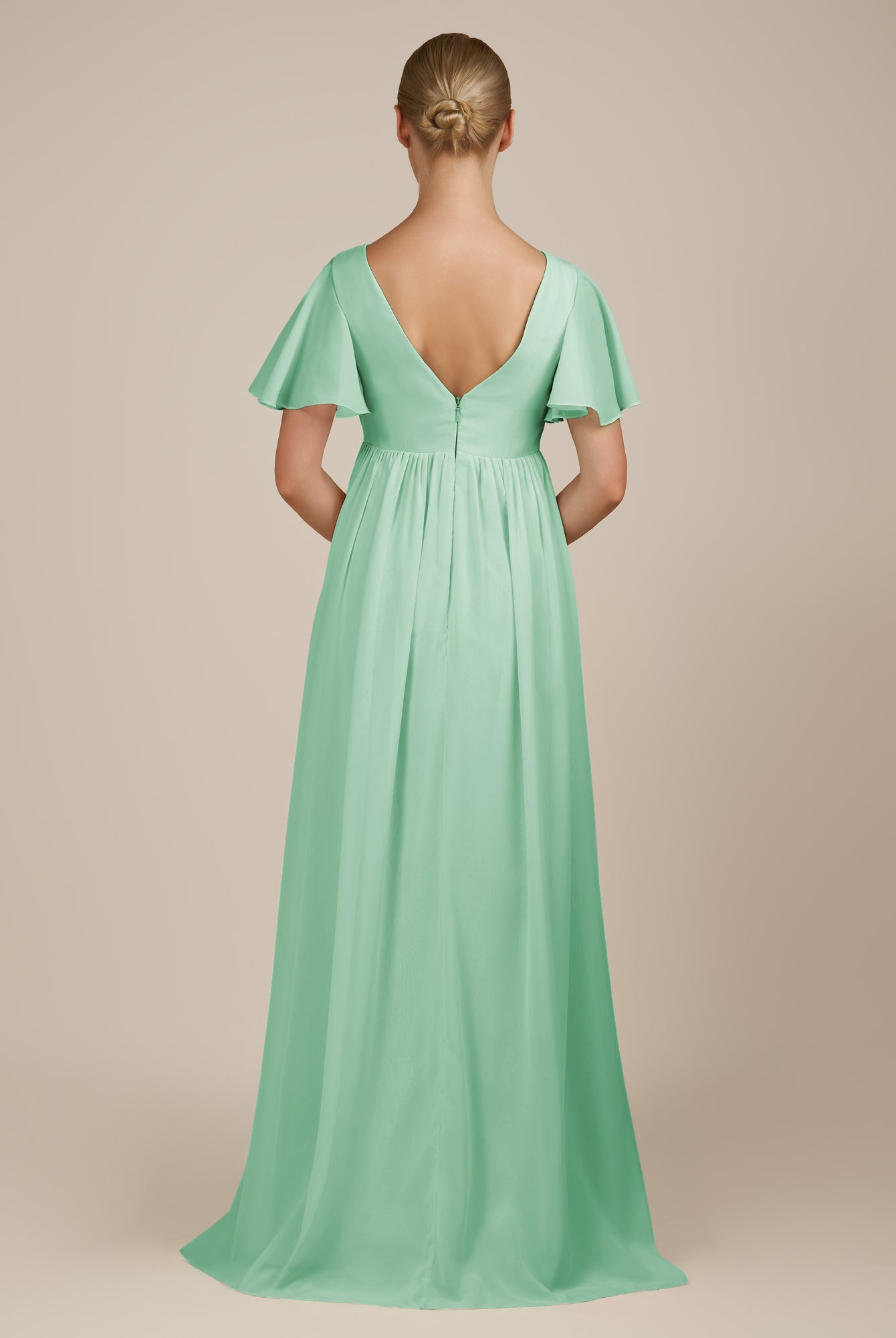 KissDress-Junia Pale Pistachio A Line V Neck Chiffon Cap Sleeves Long Bridesmaid Dress with Slit