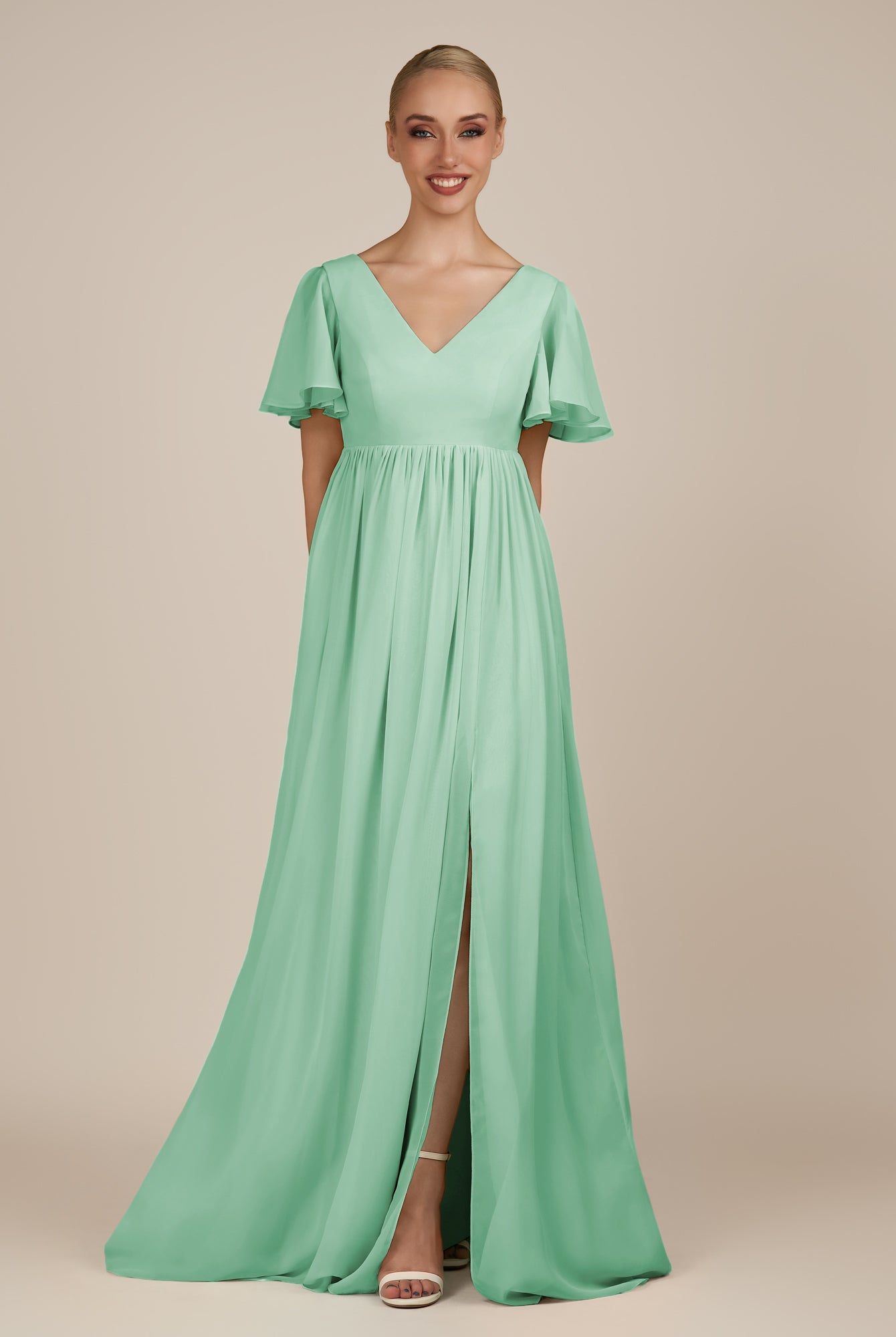 KissDress-Junia Pale Pistachio A Line V Neck Chiffon Cap Sleeves Long Bridesmaid Dress with Slit