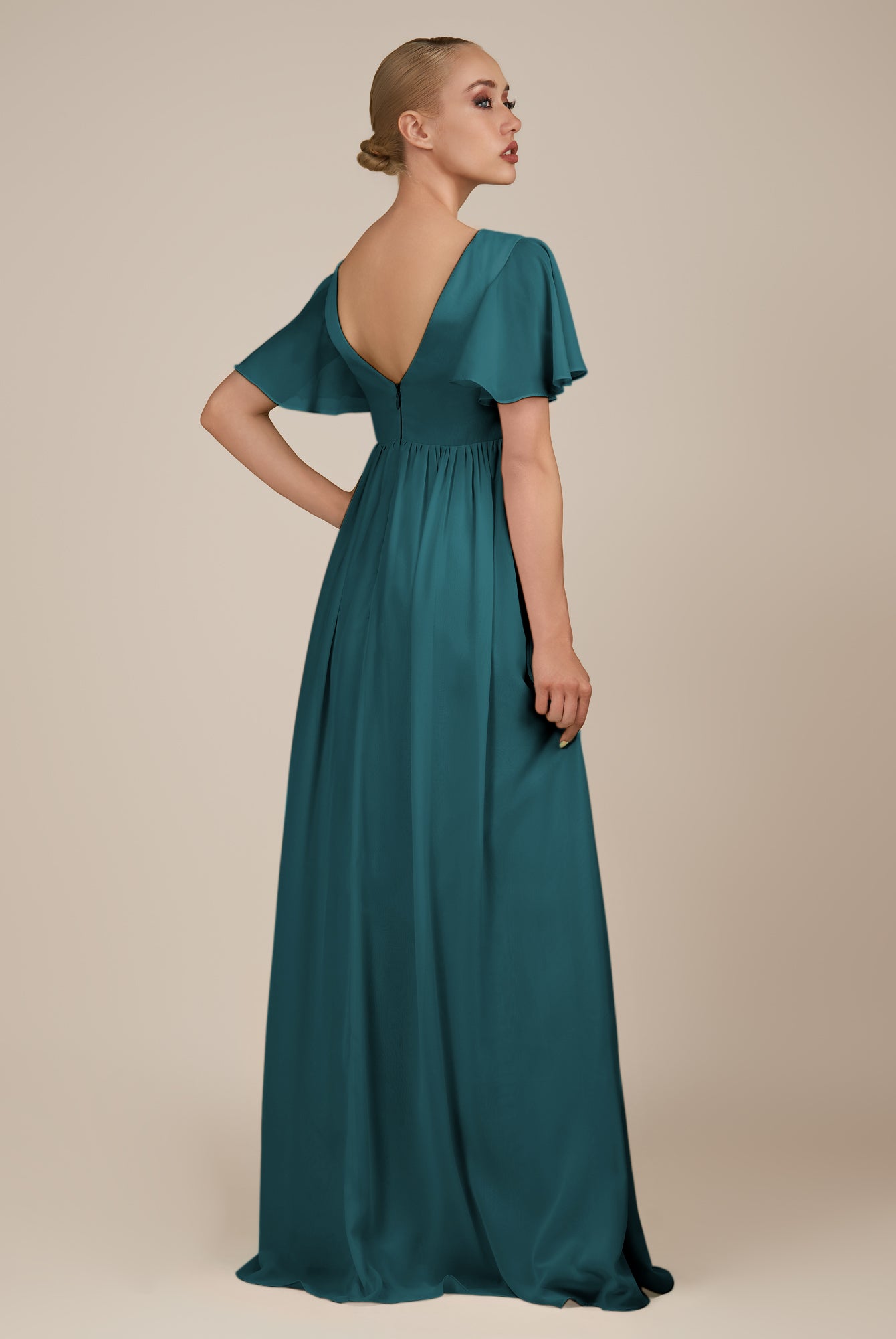 KissDress-Junia Pine A Line V Neck Chiffon Cap Sleeves Long Bridesmaid Dress with Slit