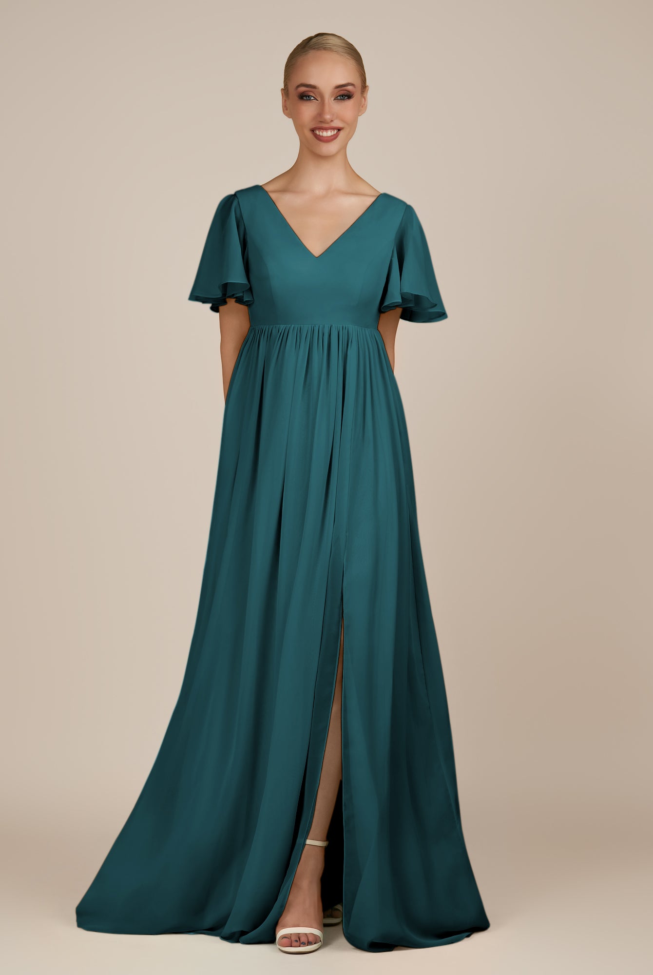 KissDress-Junia Pine A Line V Neck Chiffon Cap Sleeves Long Bridesmaid Dress with Slit