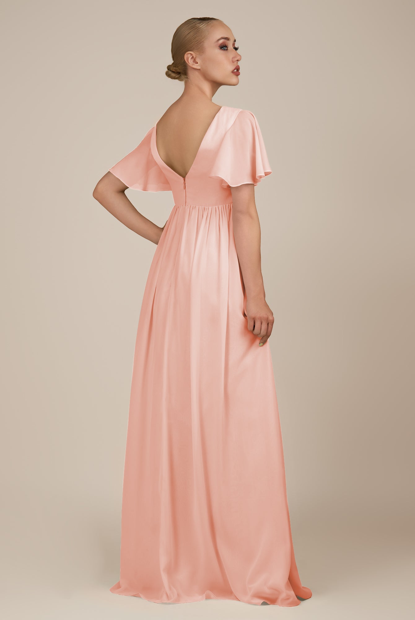 KissDress-Junia Rose Petal A Line V Neck Chiffon Cap Sleeves Long Bridesmaid Dress with Slit