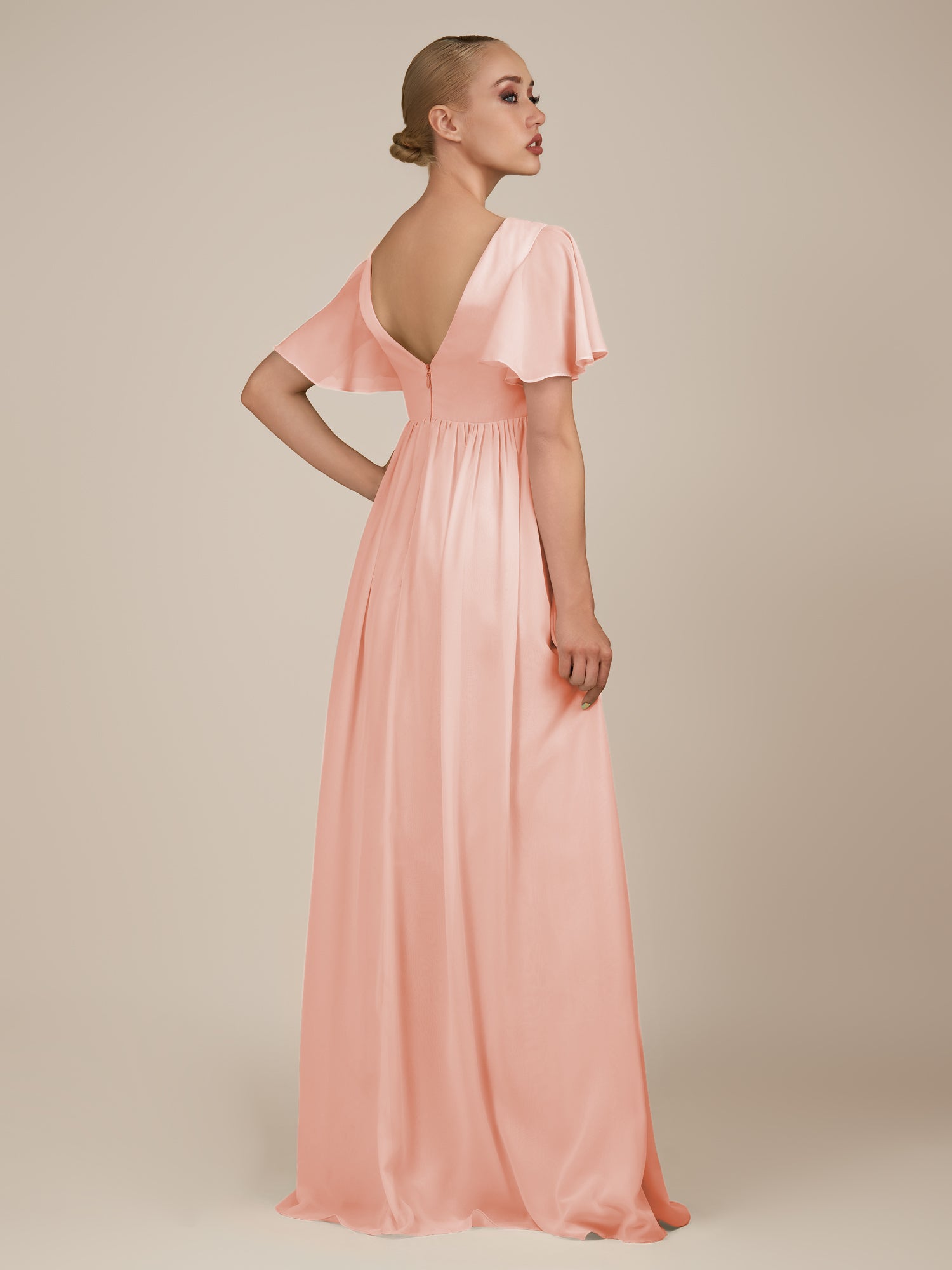 KissDress-Junia Rose Petal A Line V Neck Chiffon Cap Sleeves Long Bridesmaid Dress with Slit