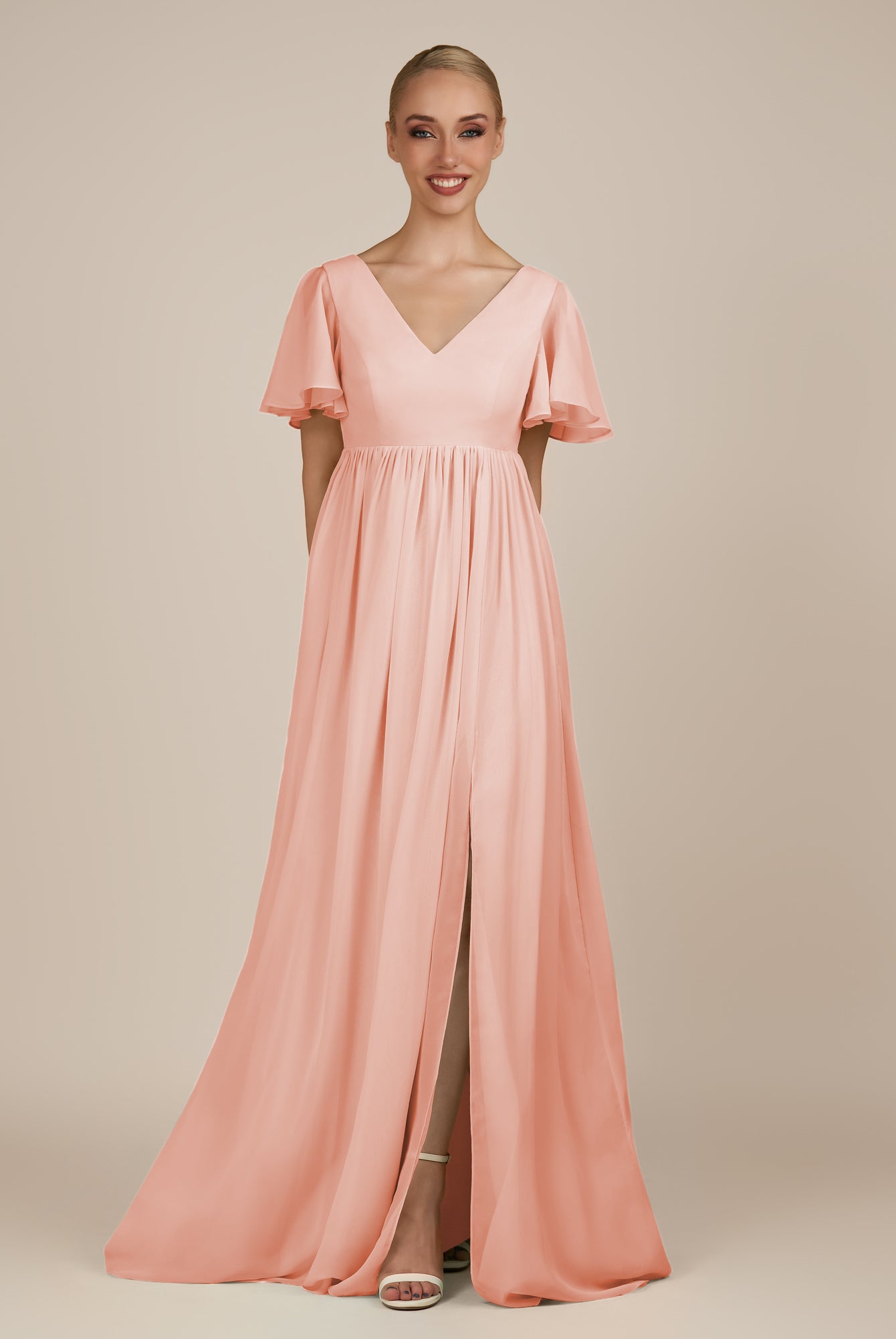 KissDress-Junia Rose Petal A Line V Neck Chiffon Cap Sleeves Long Bridesmaid Dress with Slit