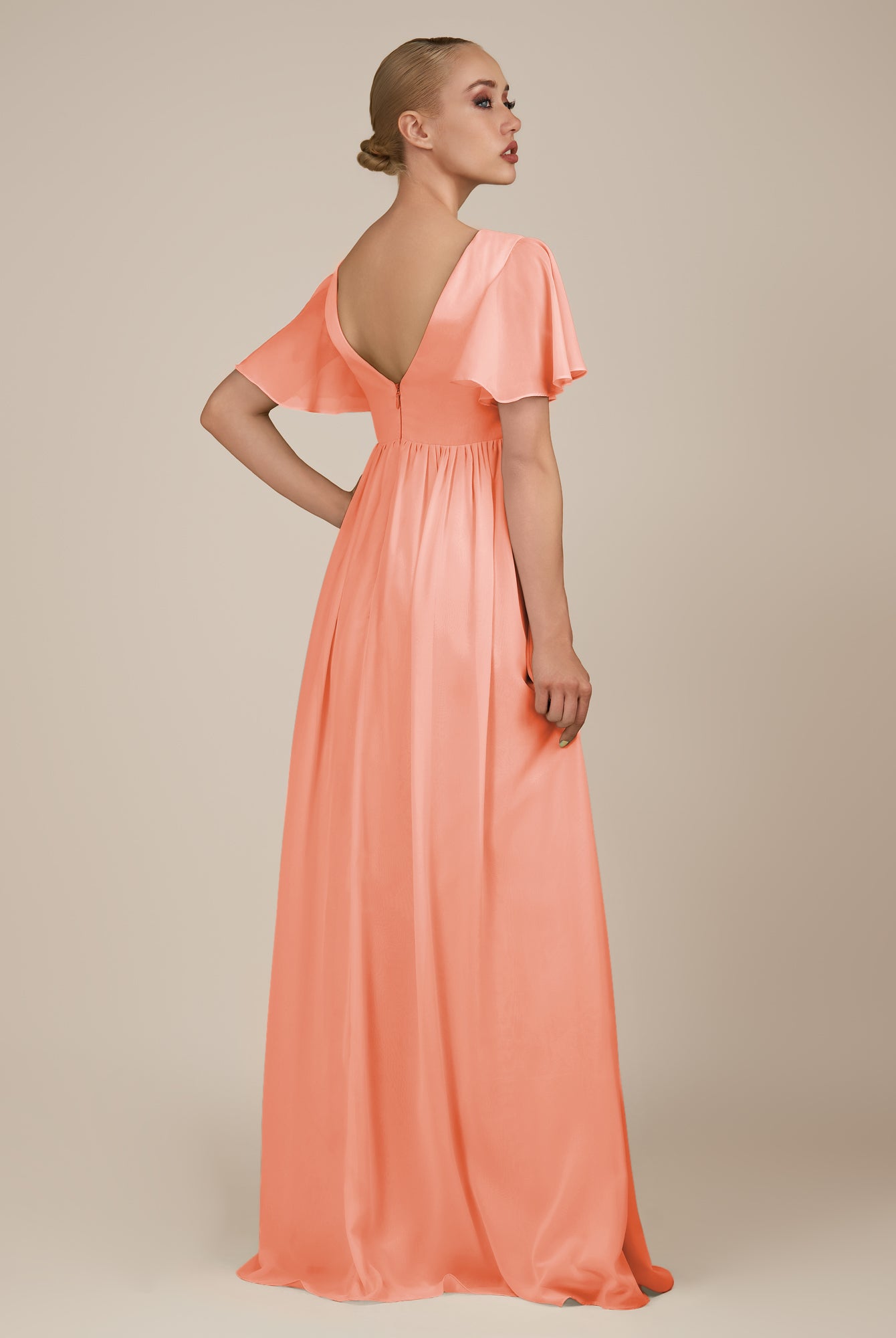 KissDress-Junia Rosette A Line V Neck Chiffon Cap Sleeves Long Bridesmaid Dress with Slit