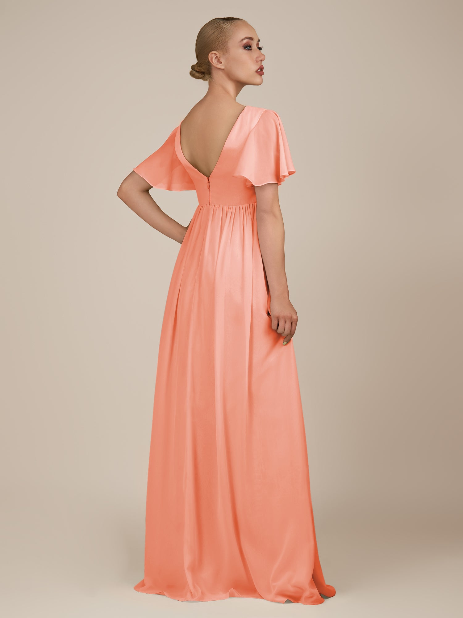 KissDress-Junia Rosette A Line V Neck Chiffon Cap Sleeves Long Bridesmaid Dress with Slit