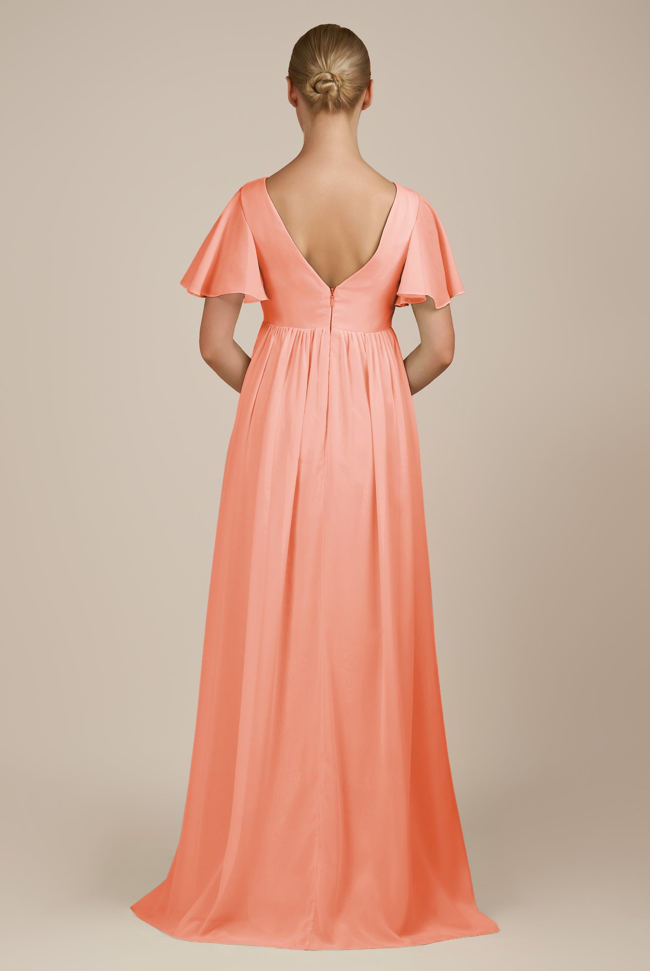 KissDress-Junia Rosette A Line V Neck Chiffon Cap Sleeves Long Bridesmaid Dress with Slit