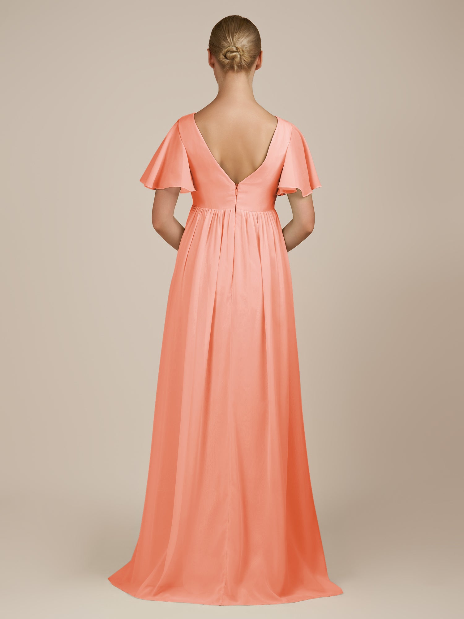 KissDress-Junia Rosette A Line V Neck Chiffon Cap Sleeves Long Bridesmaid Dress with Slit