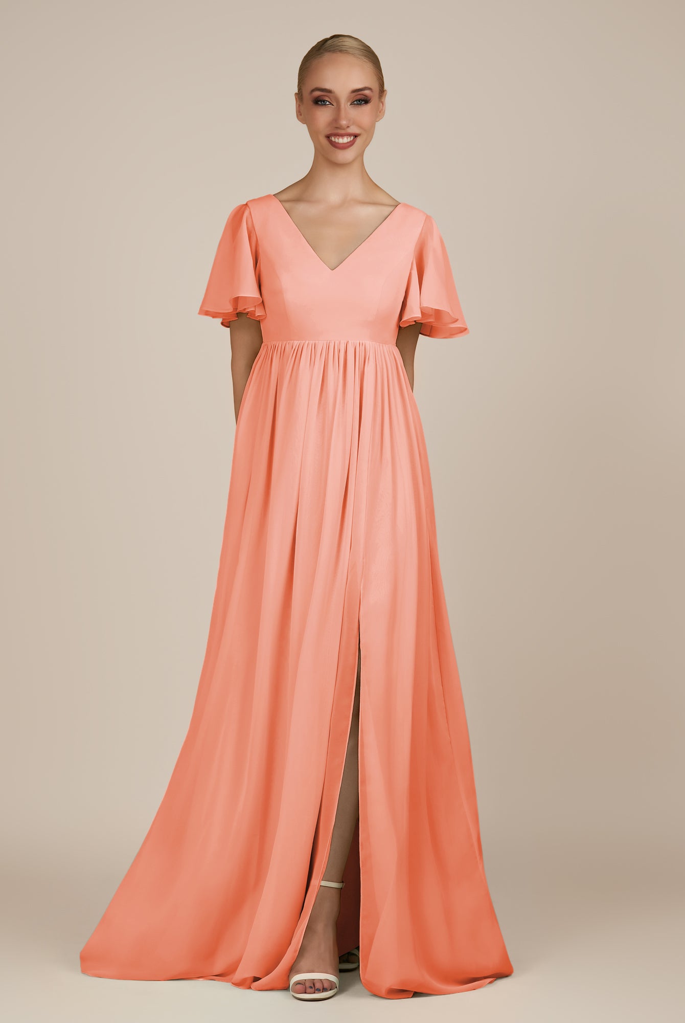 KissDress-Junia Rosette A Line V Neck Chiffon Cap Sleeves Long Bridesmaid Dress with Slit