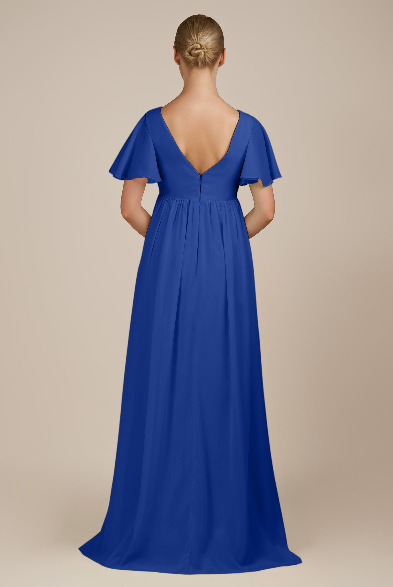 KissDress-Junia Royal Blue A Line V Neck Chiffon Cap Sleeves Long Bridesmaid Dress with Slit