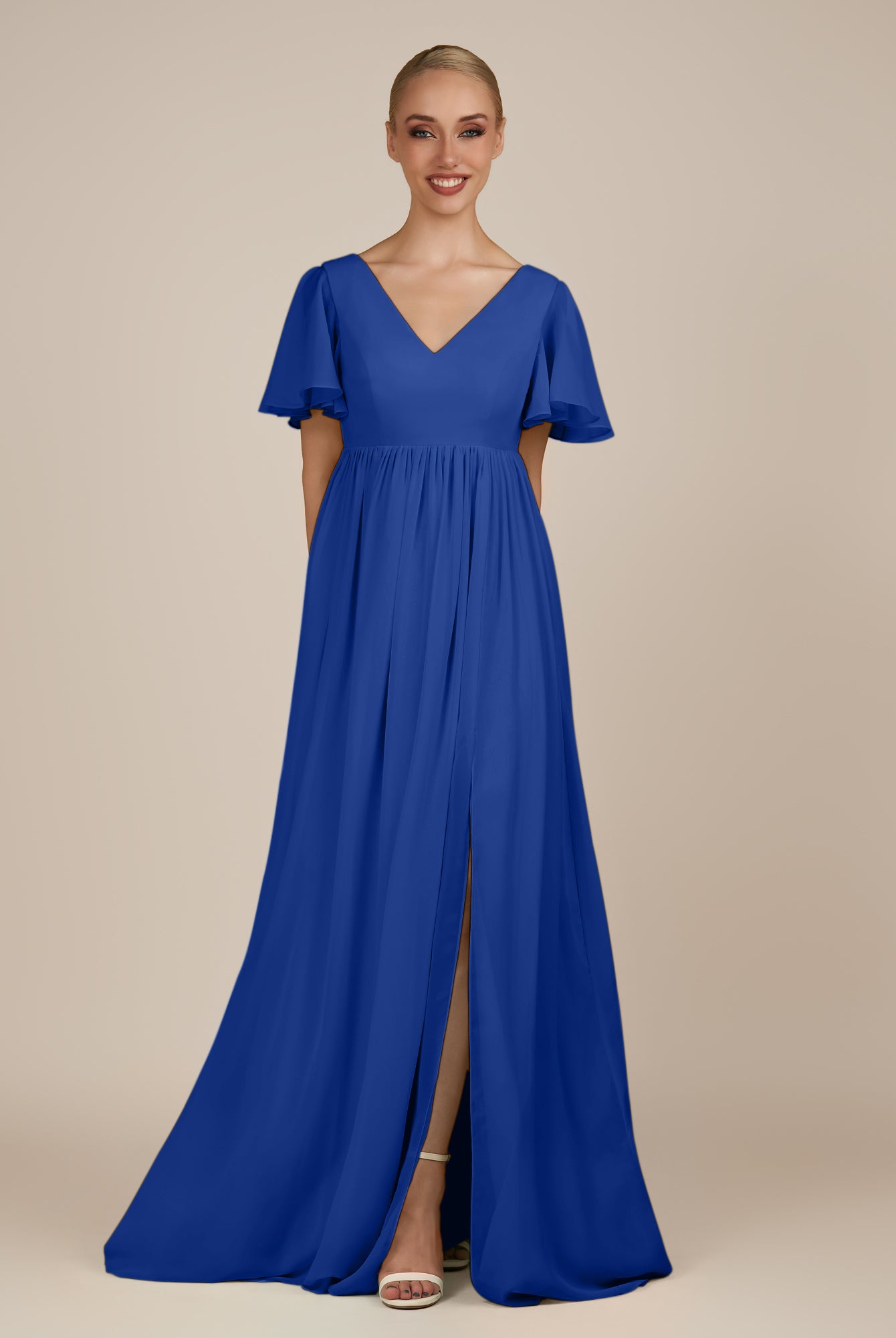 KissDress-Junia Royal Blue A Line V Neck Chiffon Cap Sleeves Long Bridesmaid Dress with Slit
