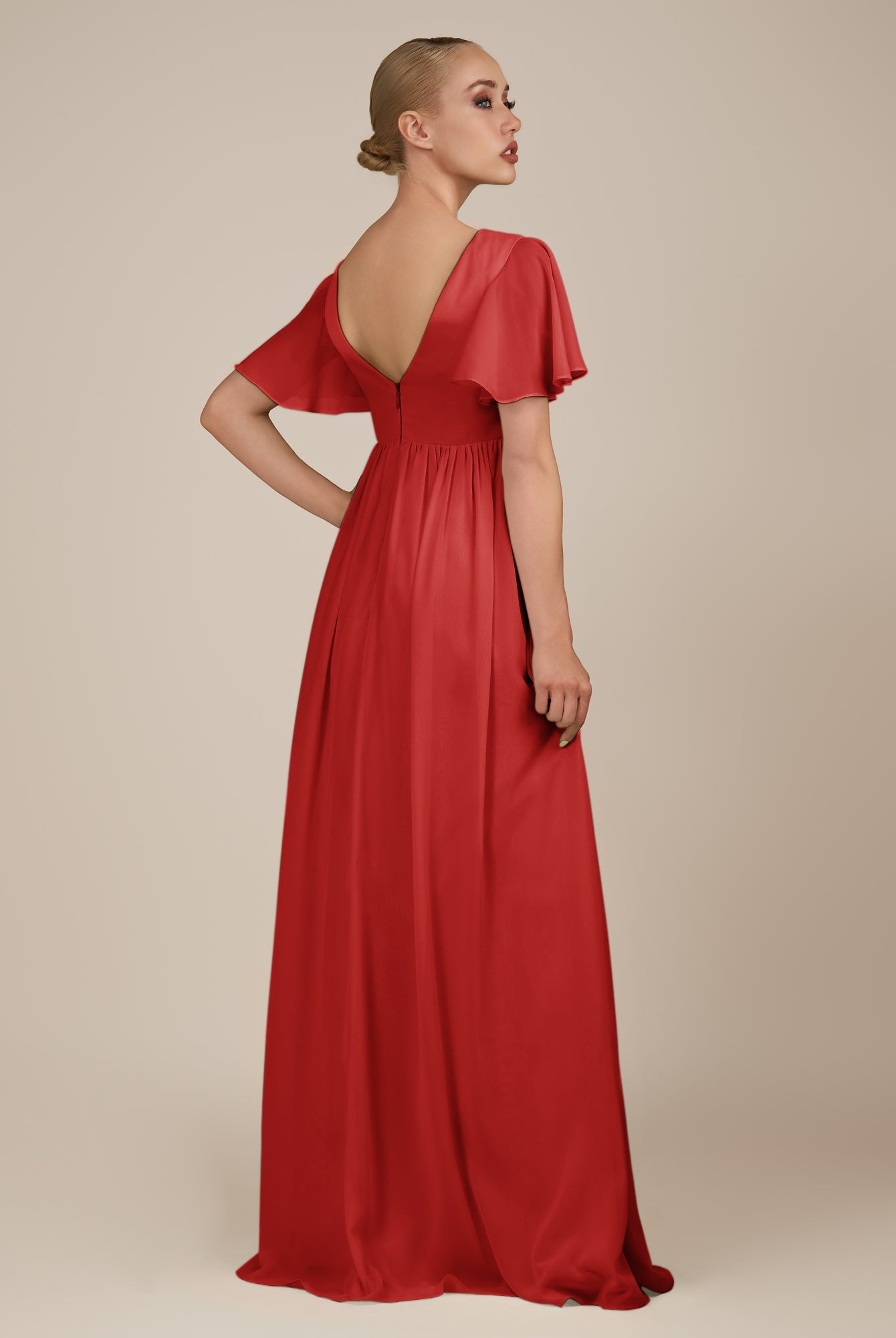 KissDress-Junia Ruby Red A Line V Neck Chiffon Cap Sleeves Long Bridesmaid Dress with Slit