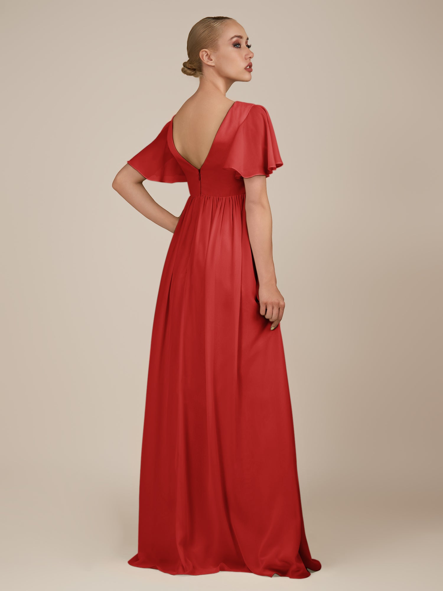 KissDress-Junia Ruby Red A Line V Neck Chiffon Cap Sleeves Long Bridesmaid Dress with Slit
