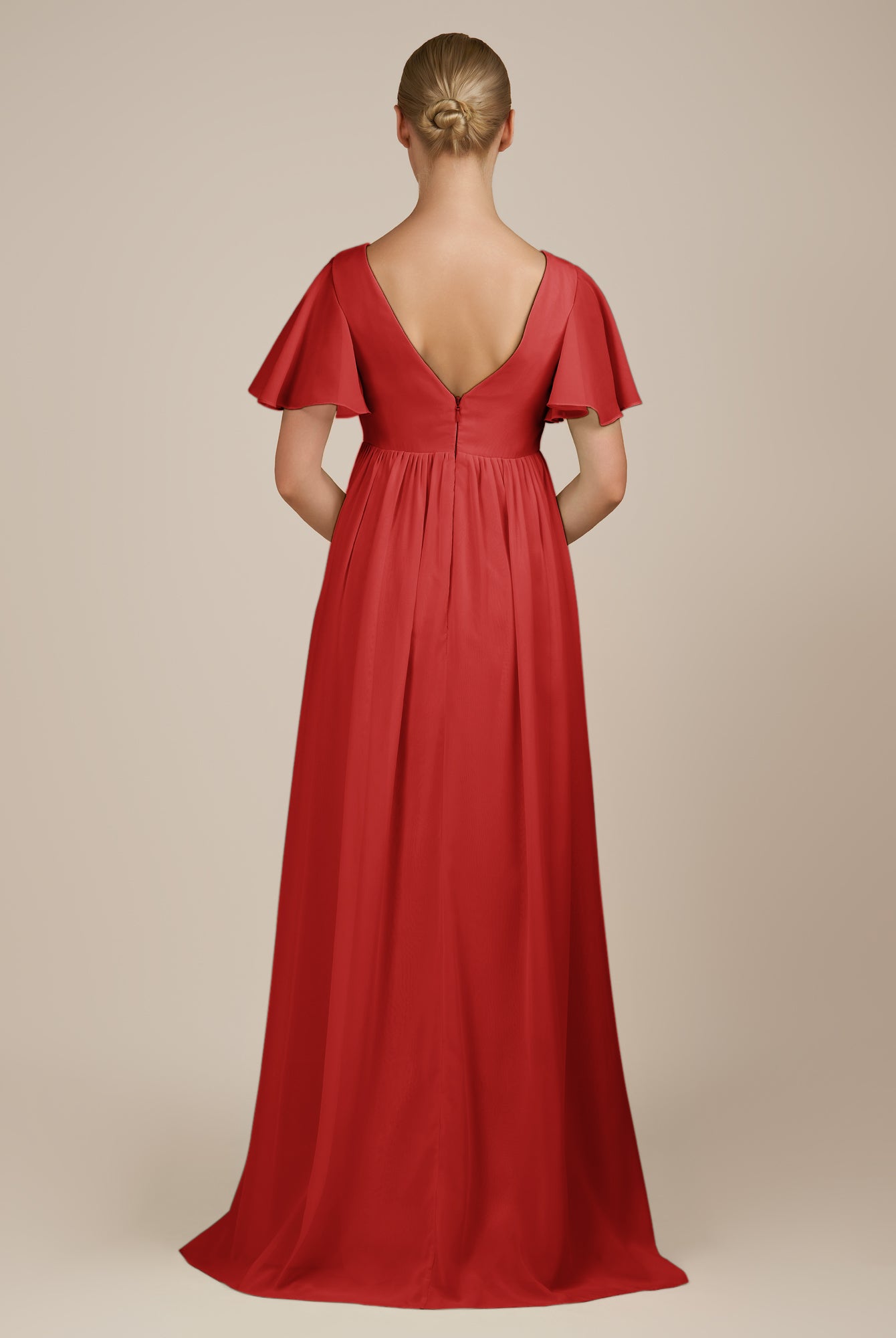 KissDress-Junia Ruby Red A Line V Neck Chiffon Cap Sleeves Long Bridesmaid Dress with Slit