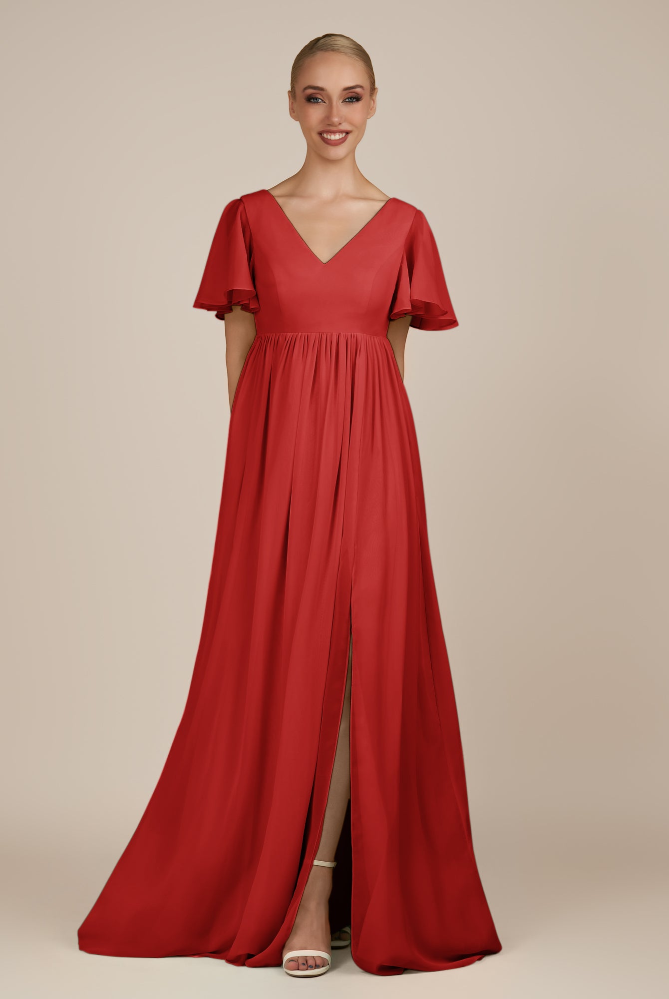 KissDress-Junia Ruby Red A Line V Neck Chiffon Cap Sleeves Long Bridesmaid Dress with Slit