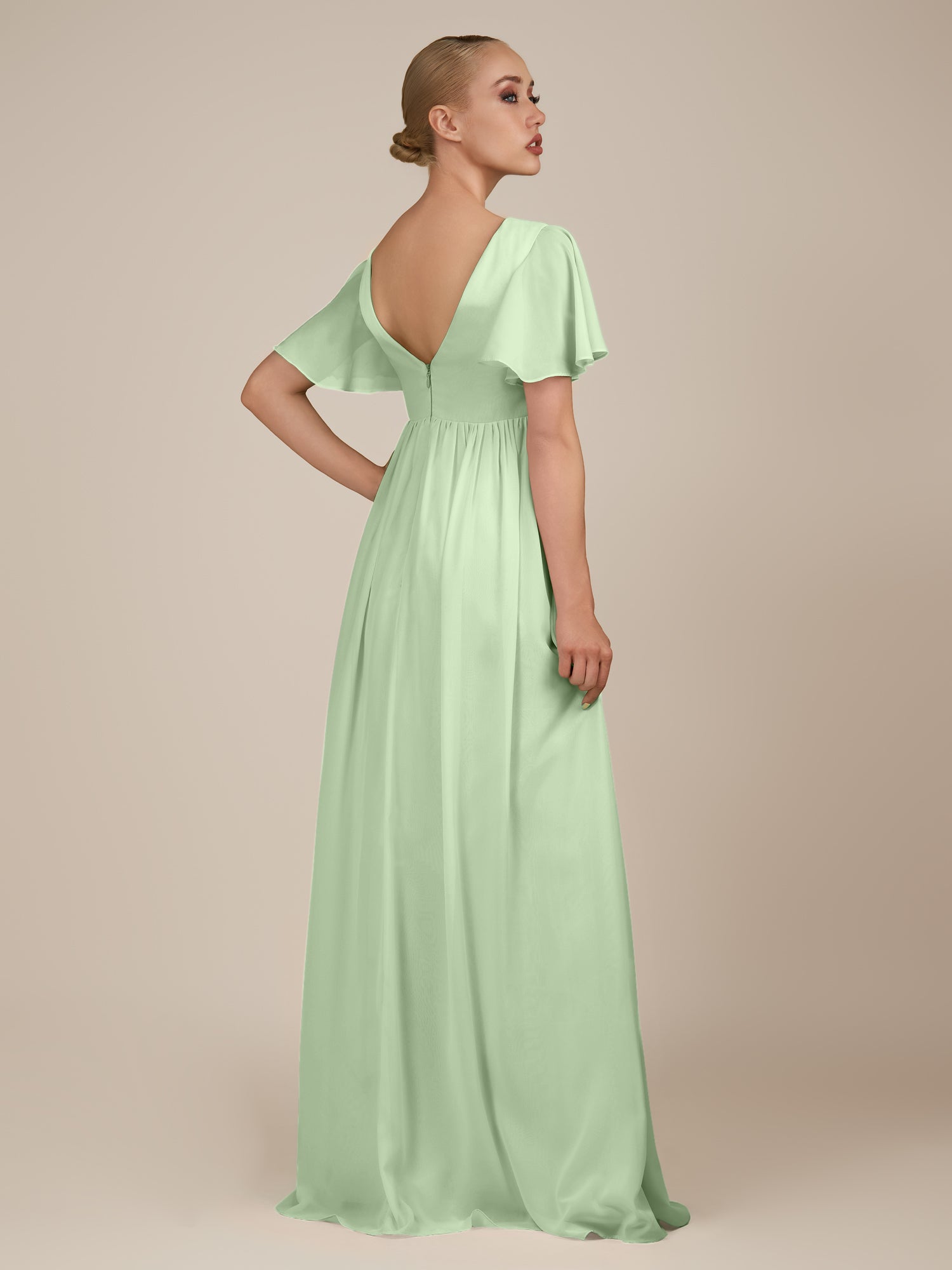 KissDress-Junia Sage A Line V Neck Chiffon Cap Sleeves Long Bridesmaid Dress with Slit
