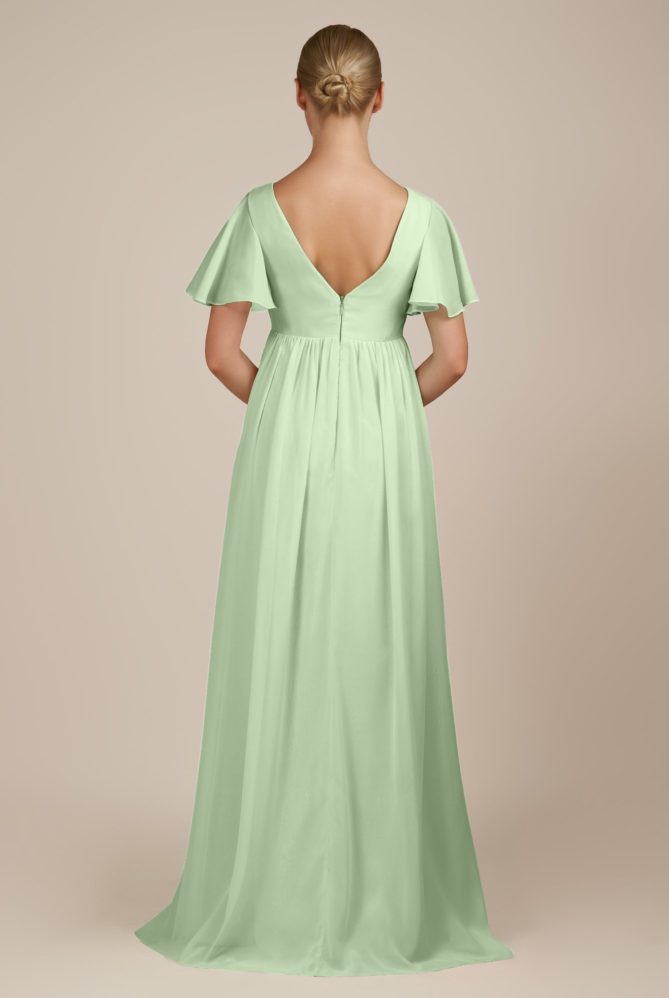 KissDress-Junia Sage A Line V Neck Chiffon Cap Sleeves Long Bridesmaid Dress with Slit