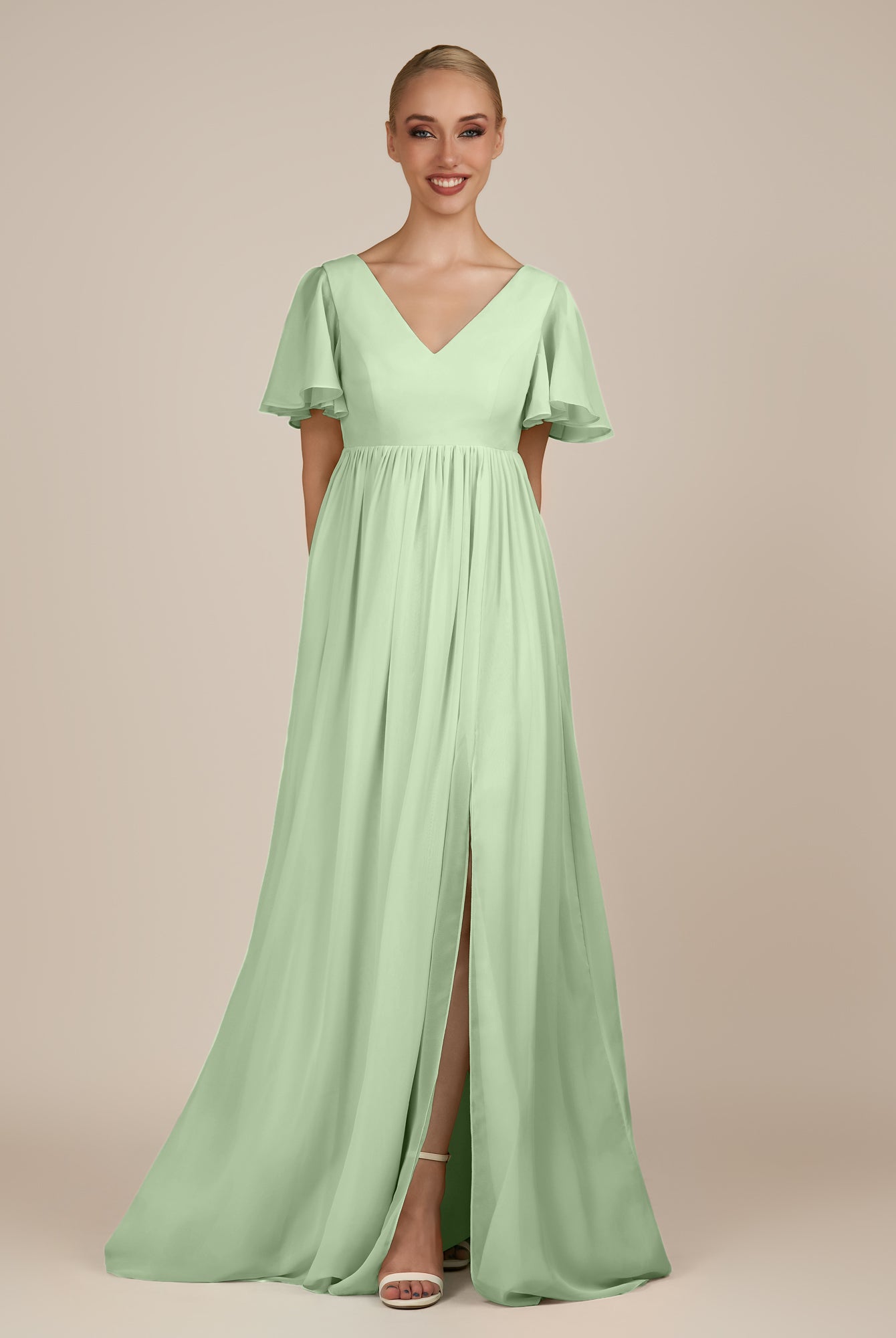 KissDress-Junia Sage A Line V Neck Chiffon Cap Sleeves Long Bridesmaid Dress with Slit