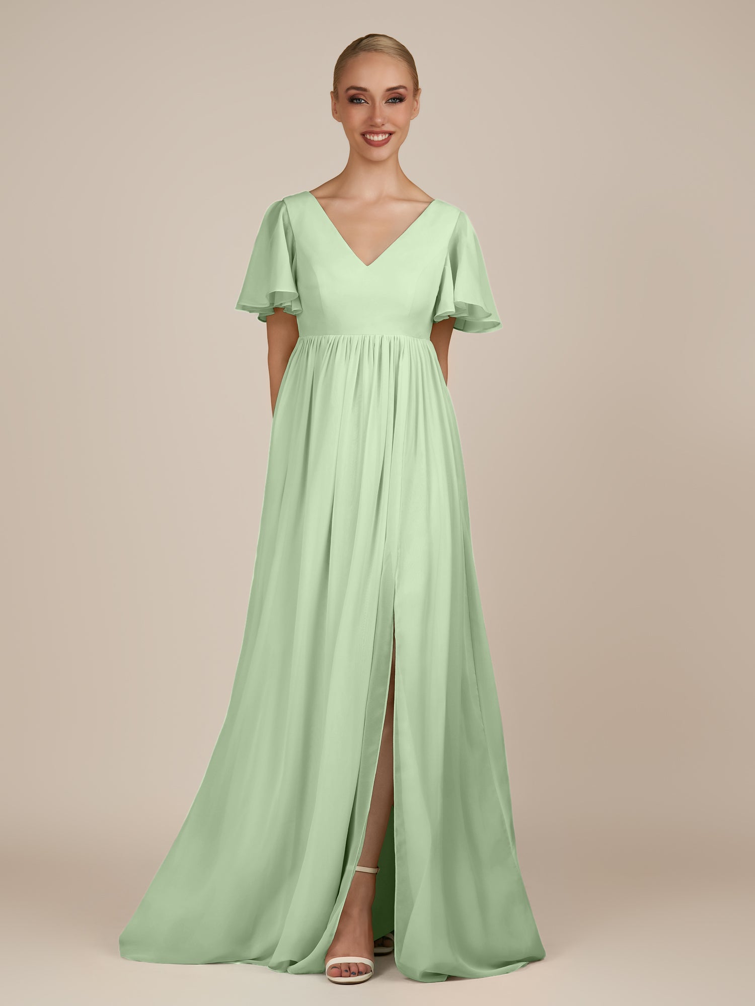 KissDress-Junia Sage A Line V Neck Chiffon Cap Sleeves Long Bridesmaid Dress with Slit