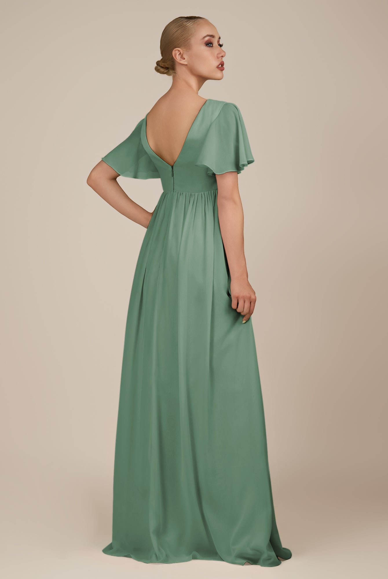 KissDress-Junia Sea Glass A Line V Neck Chiffon Cap Sleeves Long Bridesmaid Dress with Slit