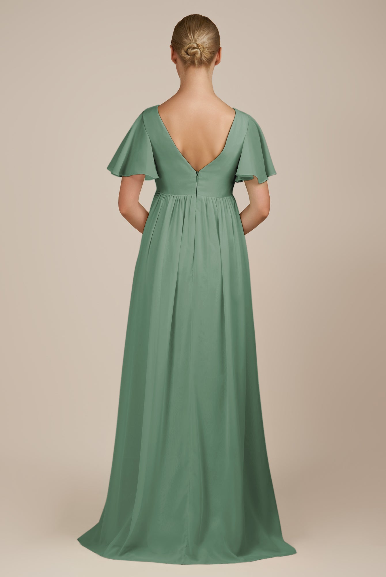KissDress-Junia Sea Glass A Line V Neck Chiffon Cap Sleeves Long Bridesmaid Dress with Slit