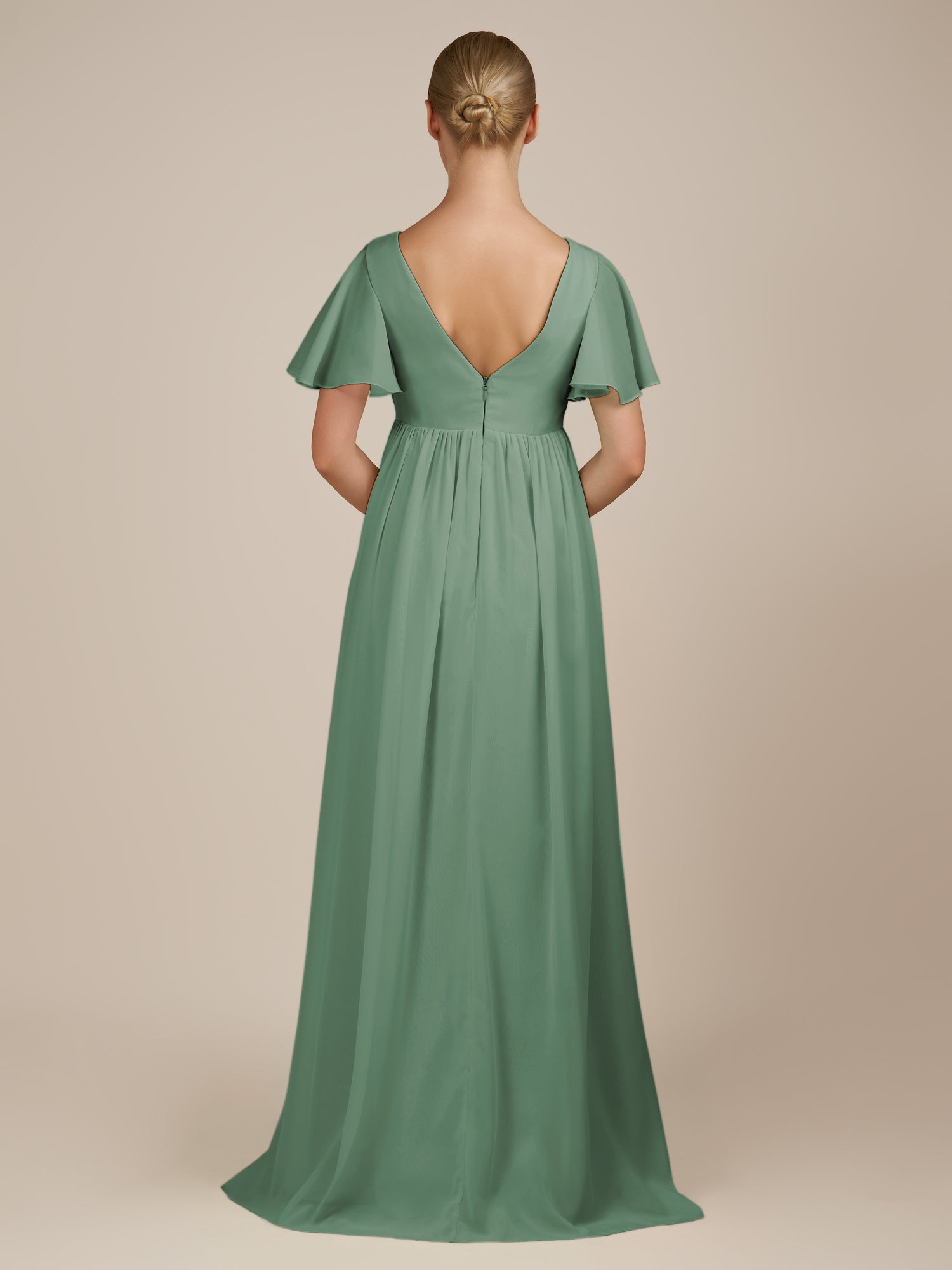 KissDress-Junia Sea Glass A Line V Neck Chiffon Cap Sleeves Long Bridesmaid Dress with Slit
