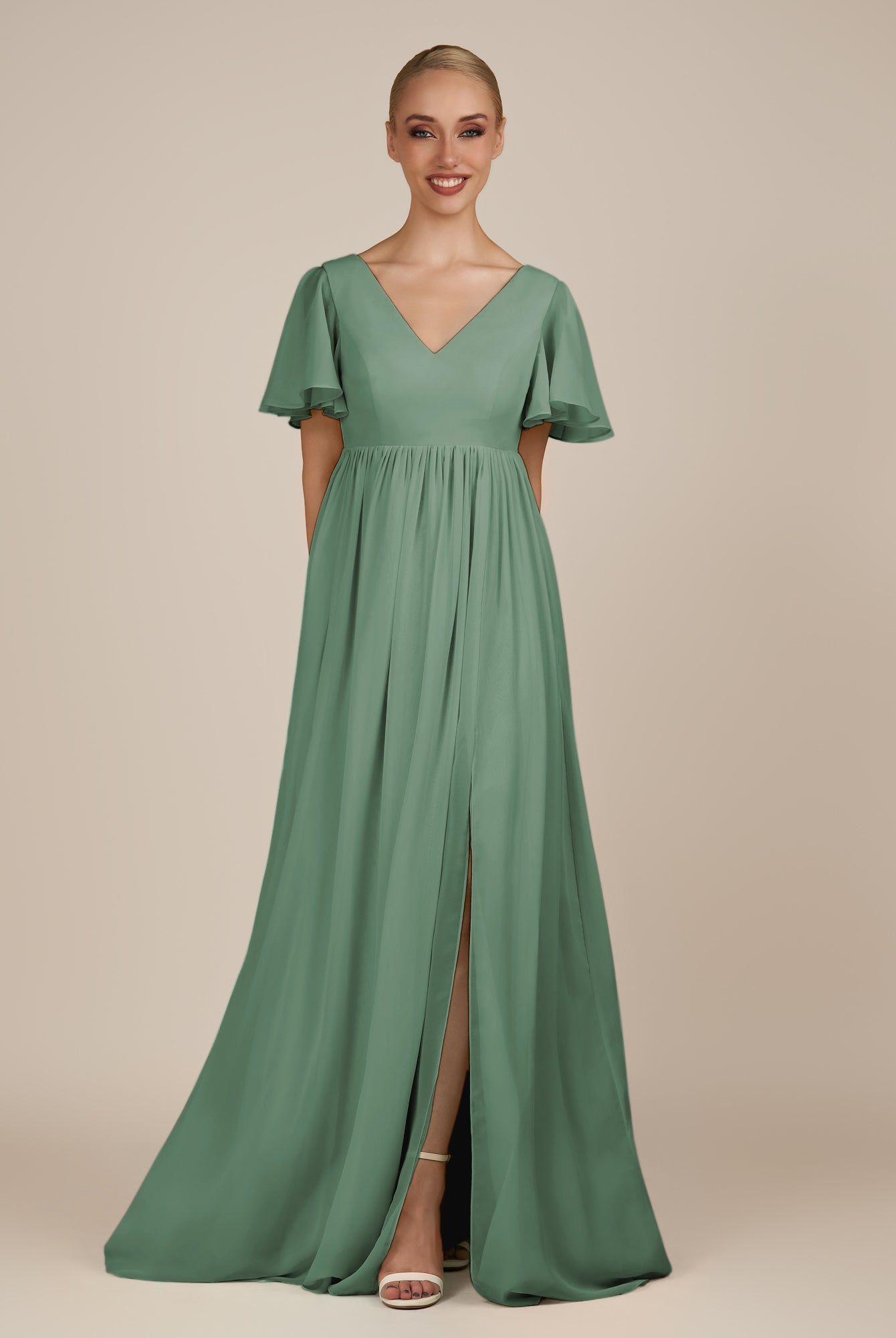 KissDress-Junia Sea Glass A Line V Neck Chiffon Cap Sleeves Long Bridesmaid Dress with Slit