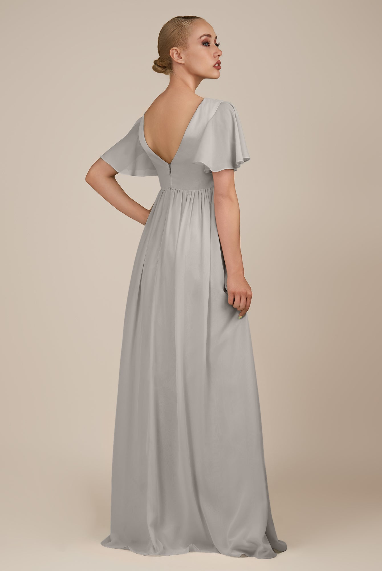 KissDress-Junia Silver A Line V Neck Chiffon Cap Sleeves Long Bridesmaid Dress with Slit