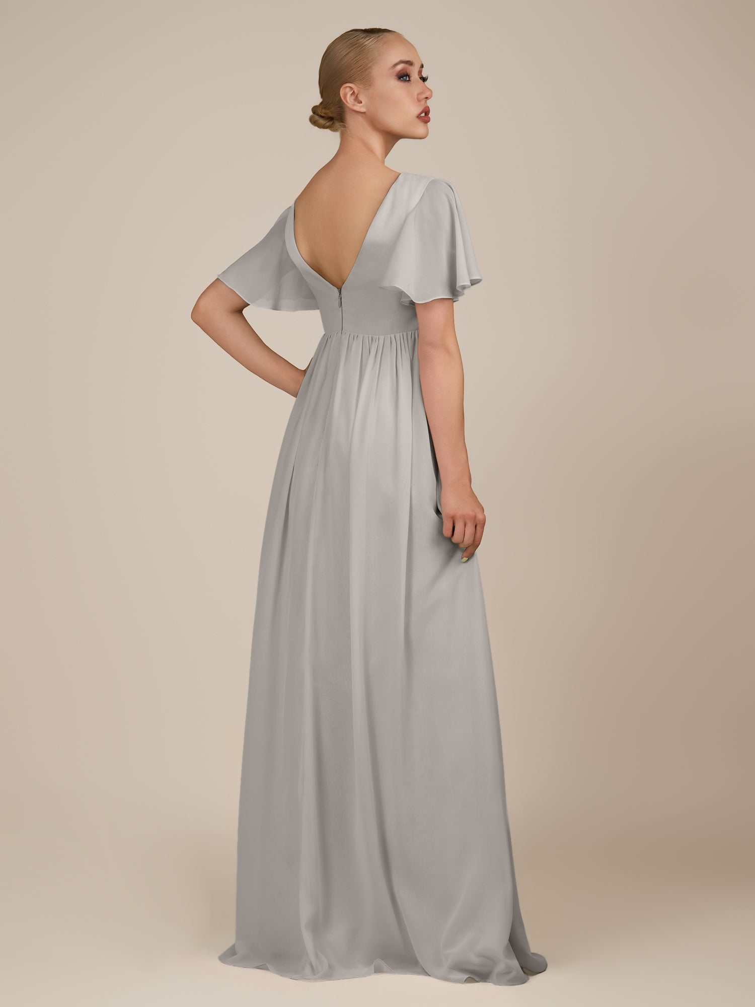 KissDress-Junia Silver A Line V Neck Chiffon Cap Sleeves Long Bridesmaid Dress with Slit