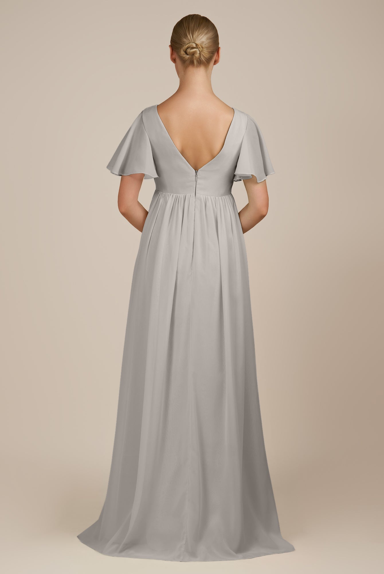 KissDress-Junia Silver A Line V Neck Chiffon Cap Sleeves Long Bridesmaid Dress with Slit